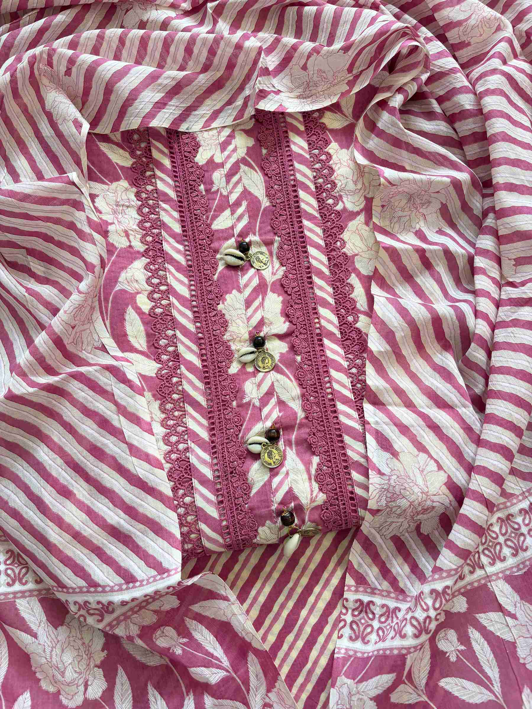 Cotton with lace work unstitched suit- The Zareesh