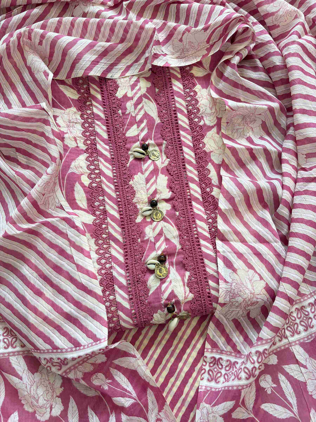 Cotton with lace work unstitched suit- The Zareesh