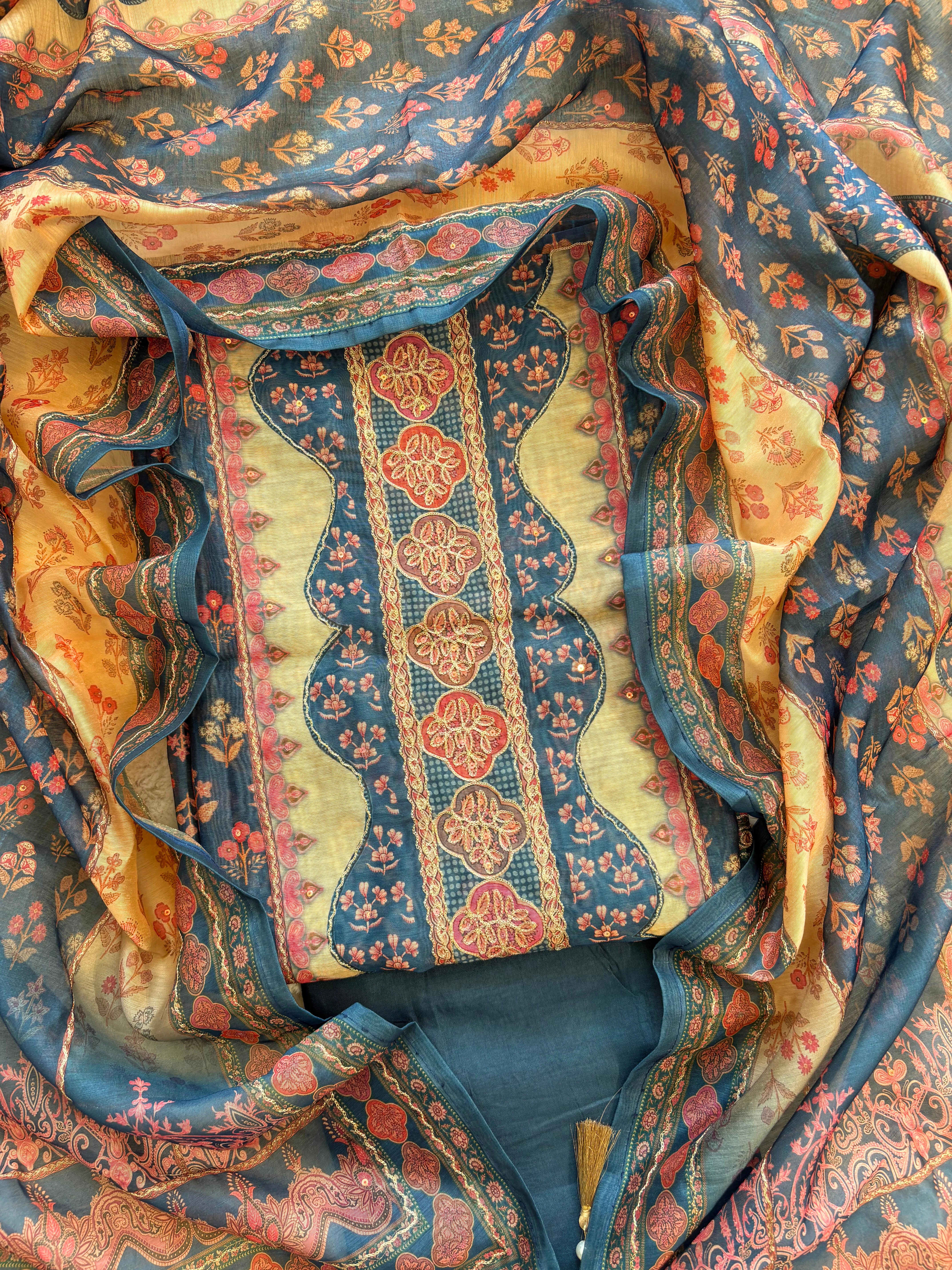 Shop Blue chanderi suit with golden weave and printed chanderi dupatta featuring tassel edging.
