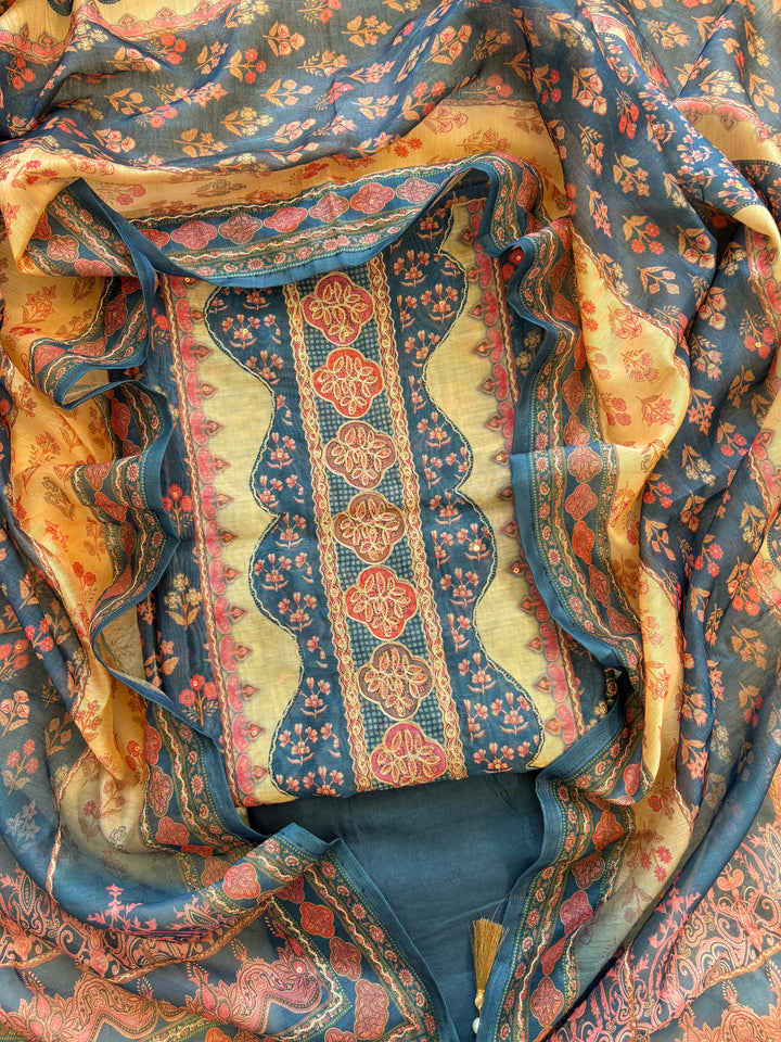 Shop Blue chanderi suit with golden weave and printed chanderi dupatta featuring tassel edging.
