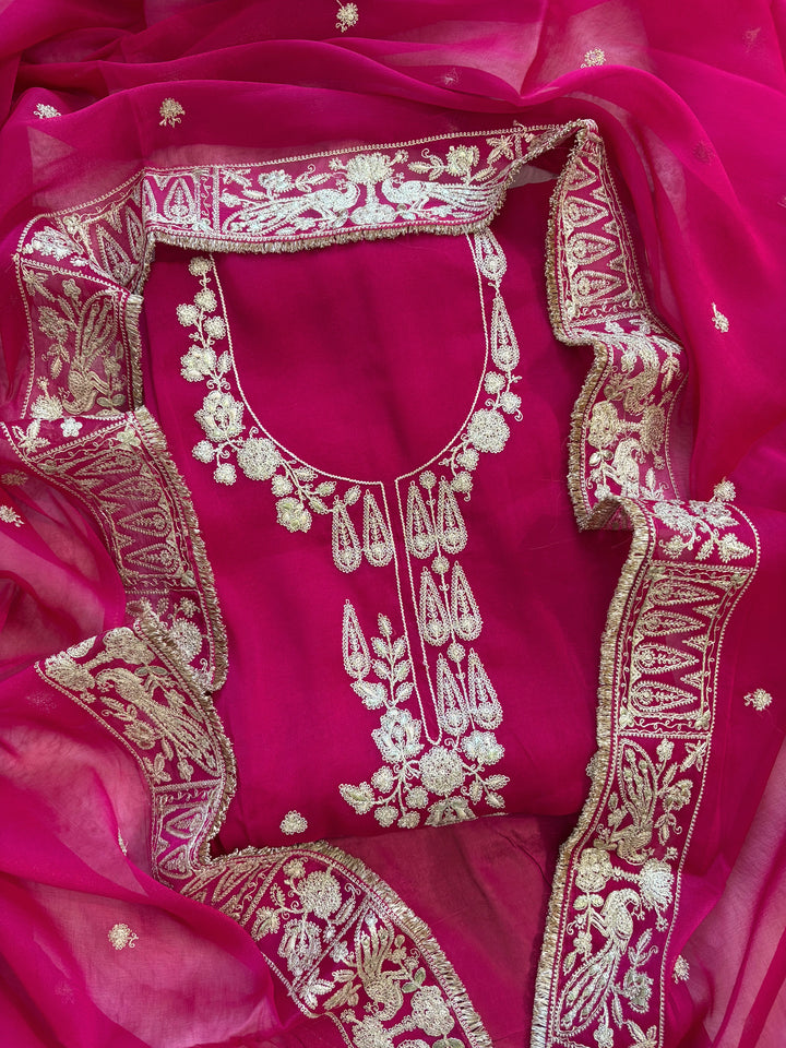 Hot Pink Organza Unstitched Suit with dabka Embroidery Dupatta - Festive & Wedding Wear
