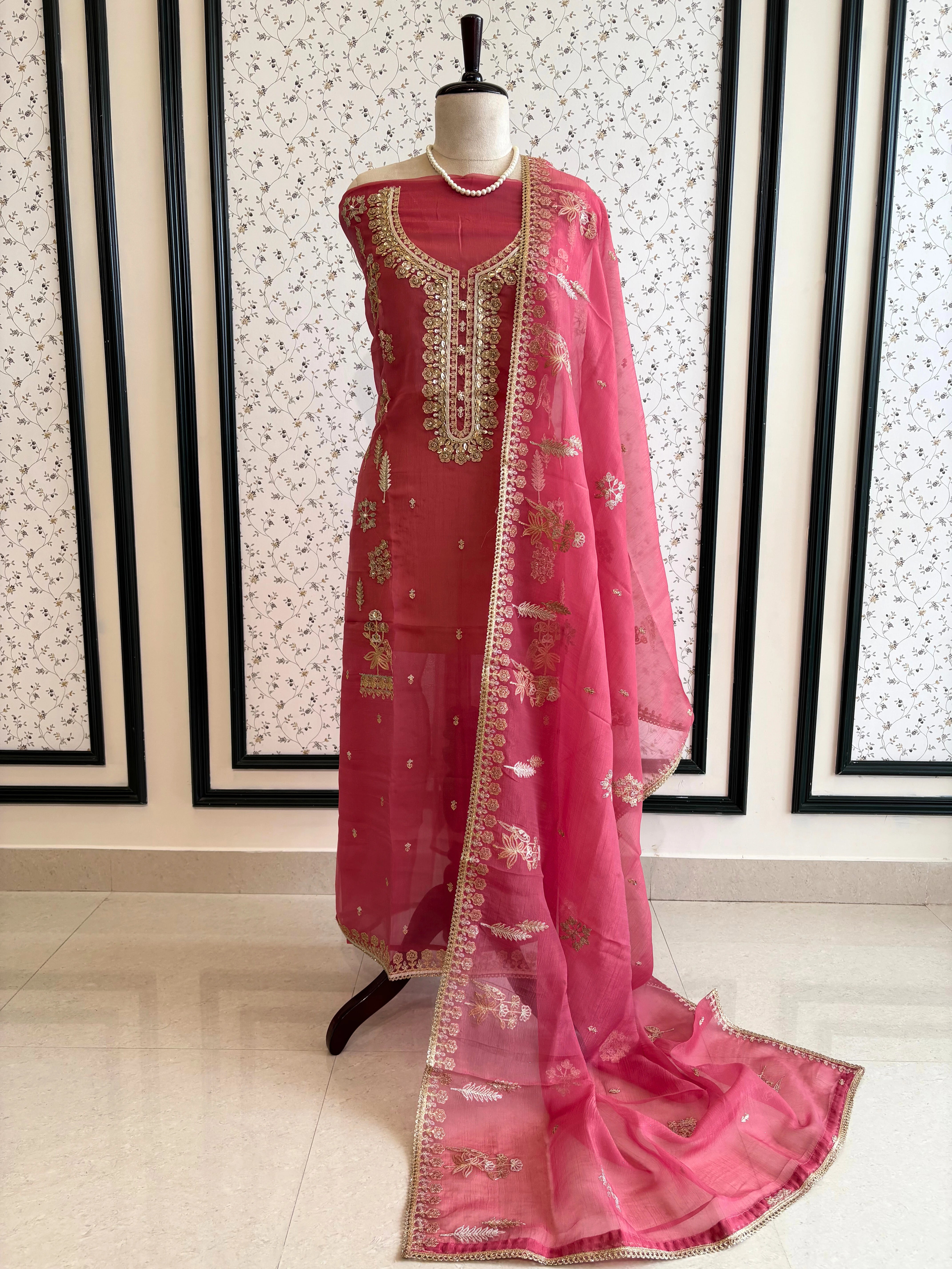 pink organza unstitched suit with zari work and bird(parrot) figure