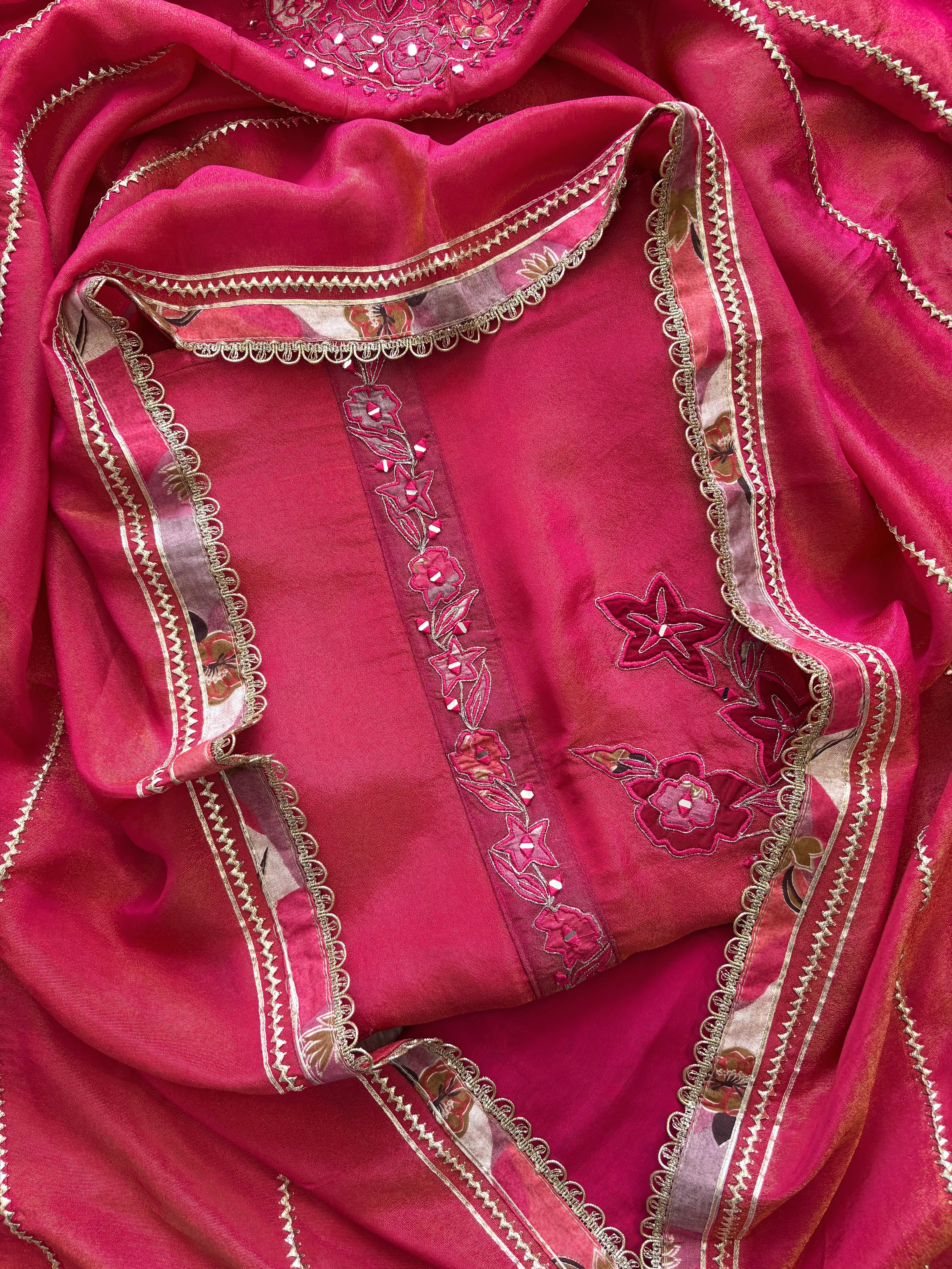 Magenta pure organza with applique highlighting for weddings