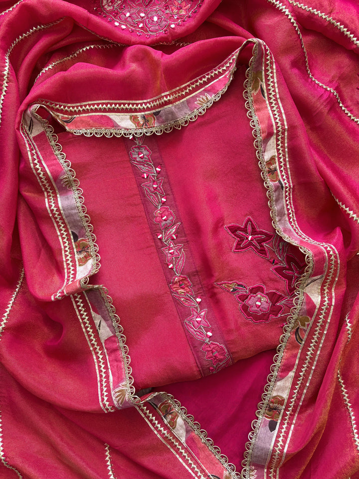 Magenta pure organza with applique highlighting for weddings
