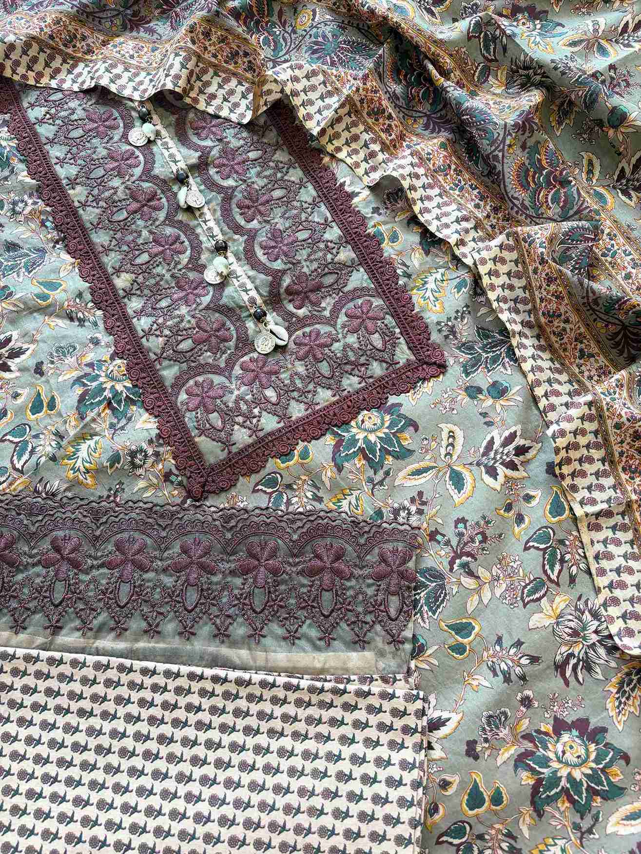 Cotton with lace work unstitched suit- The Zareesh