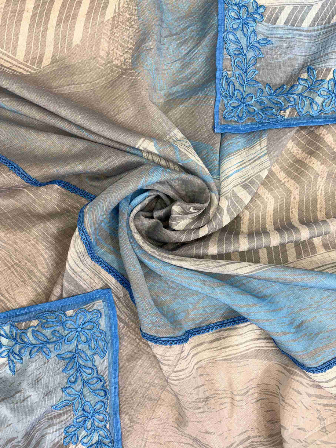 Grey Blue Pure Muslin Digital Print Handwork Unstitched Suit Set