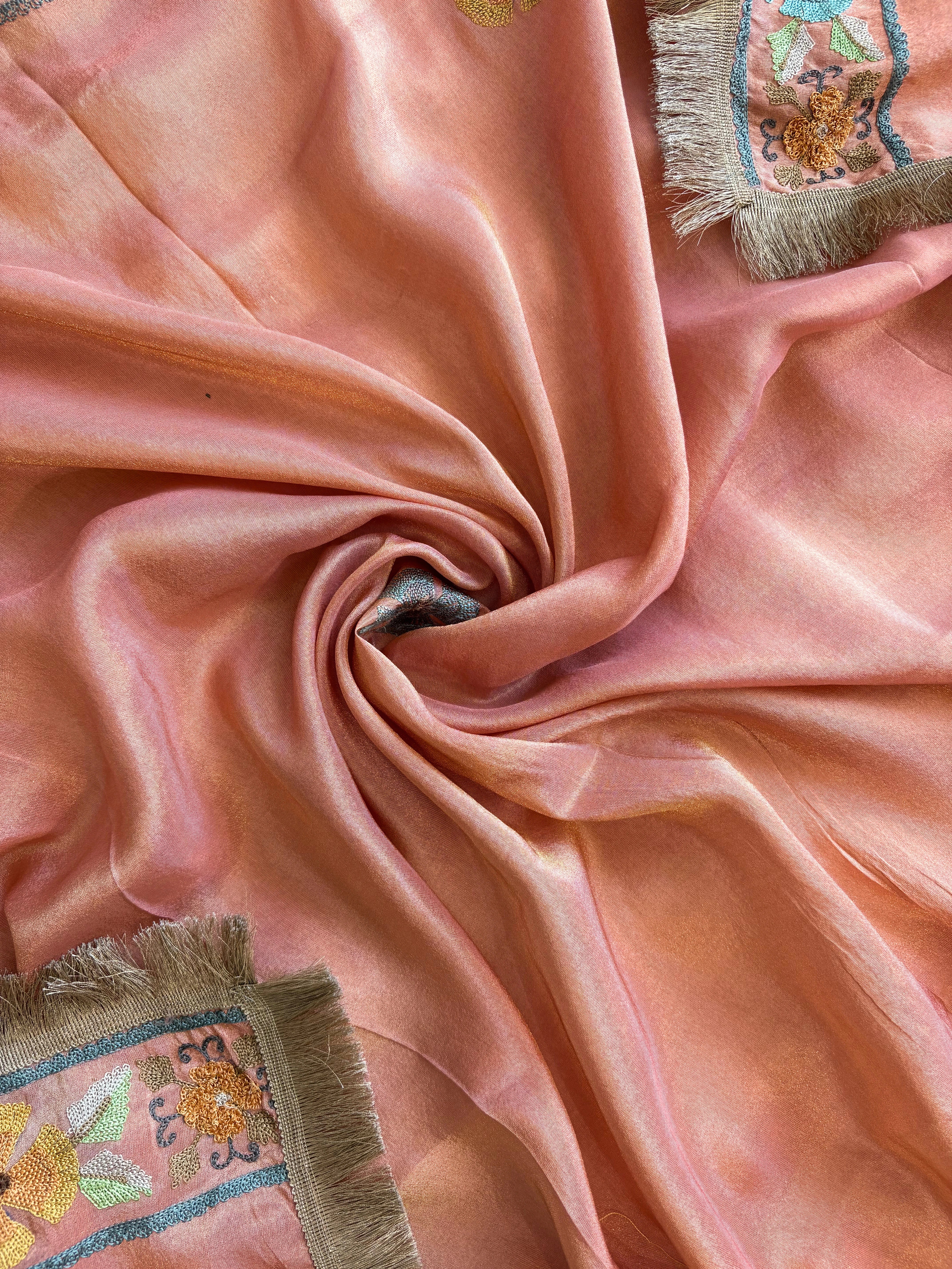 peach shimmer organza with kashida work and kiran lace highlighting