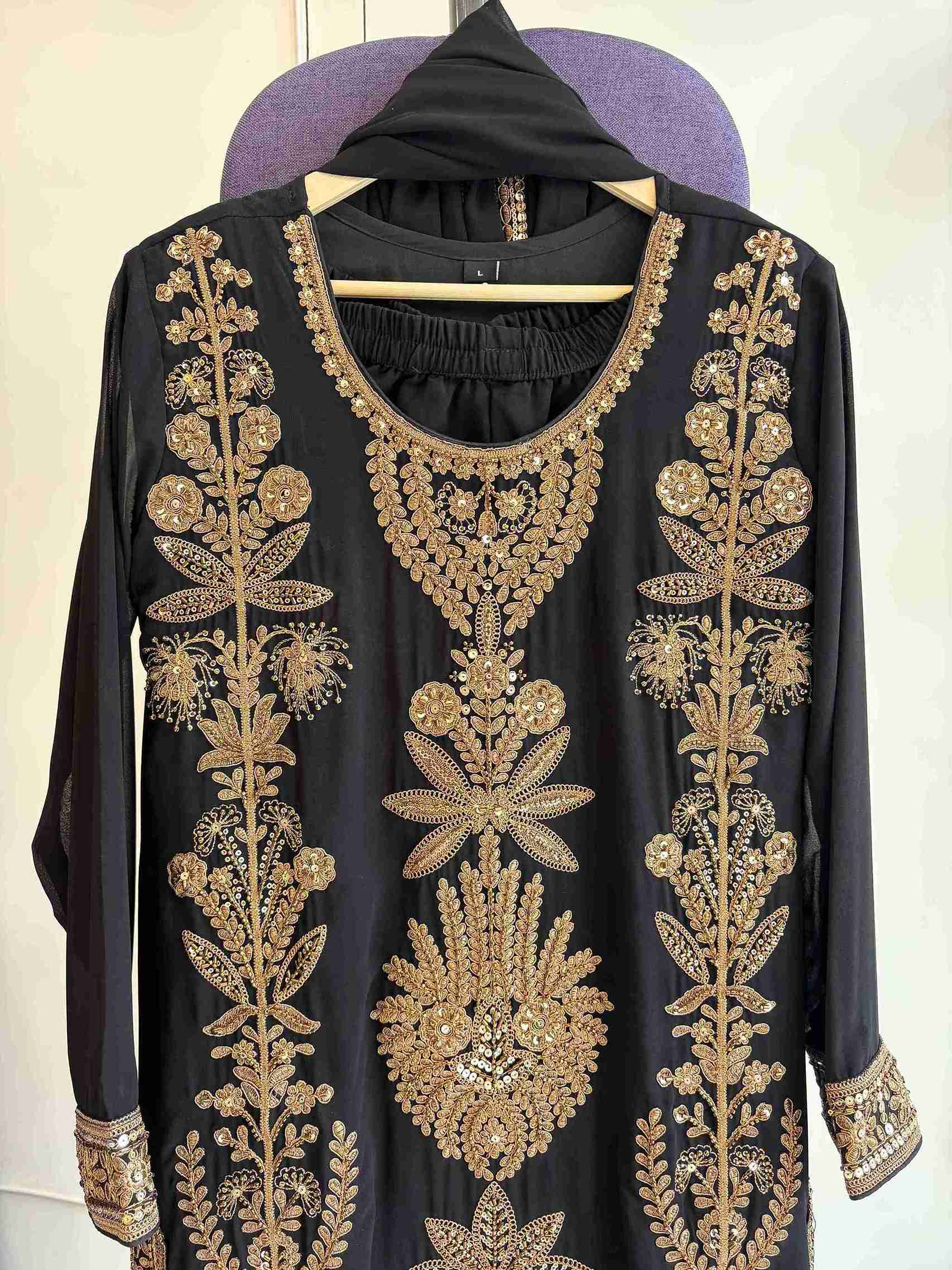 Black Georgette Stitched Suit Set with Gold Zari Embroidery and Sequin Work