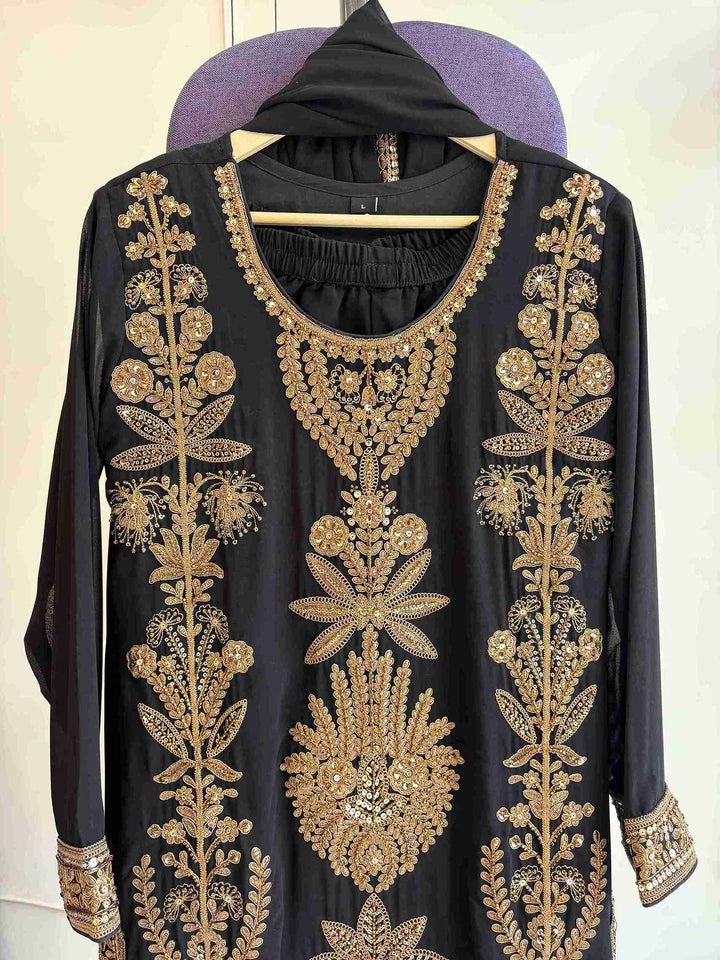 Black Georgette Stitched Suit Set with Gold Zari Embroidery and Sequin Work