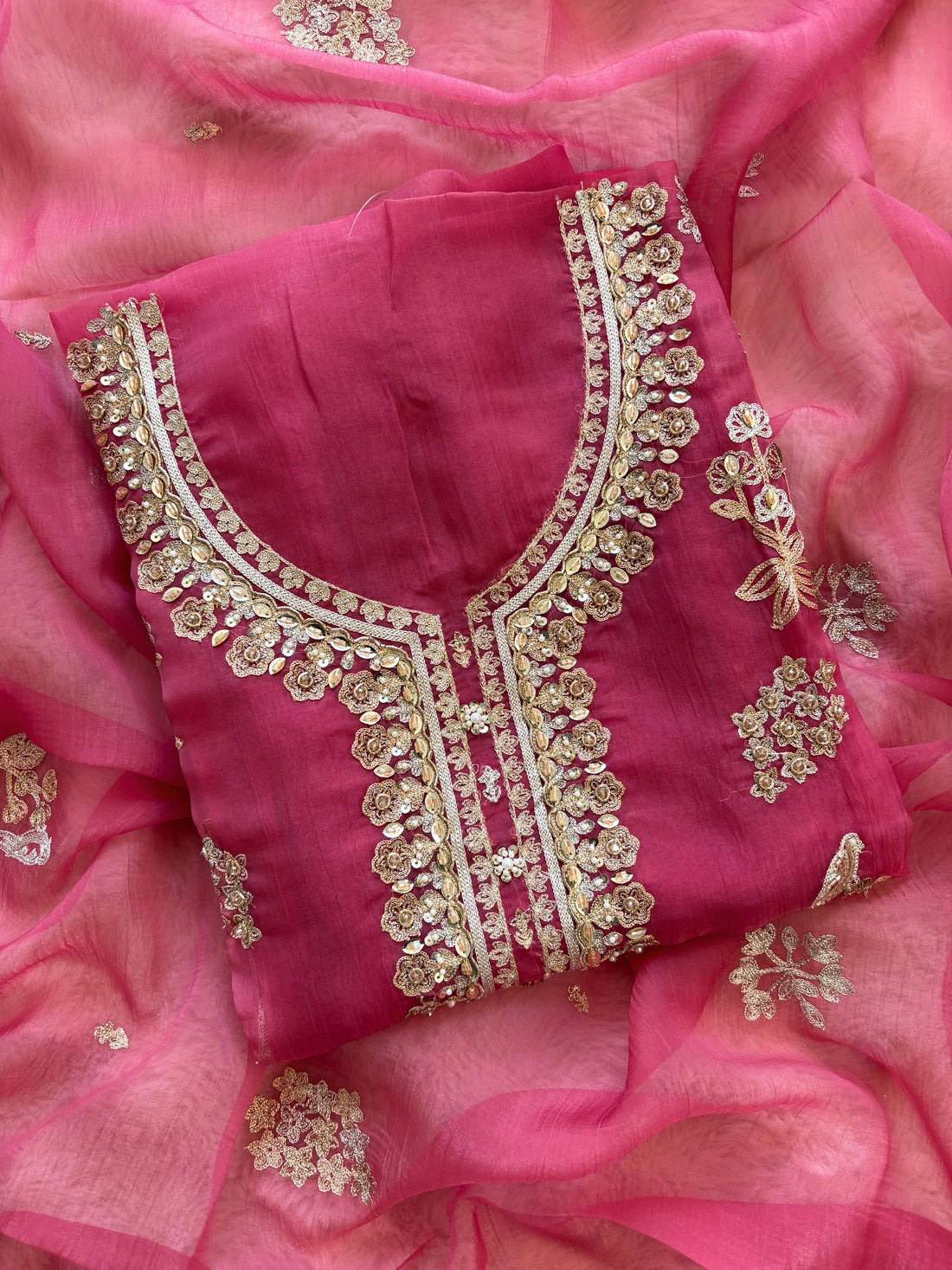 pink organza unstitched suit with zari work and bird(parrot) figure