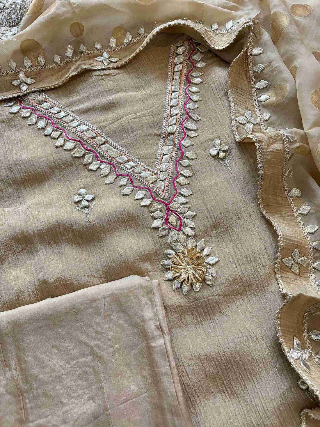 Crushed Tissue Silk unstitched suit with Gota Work - The Zareesh