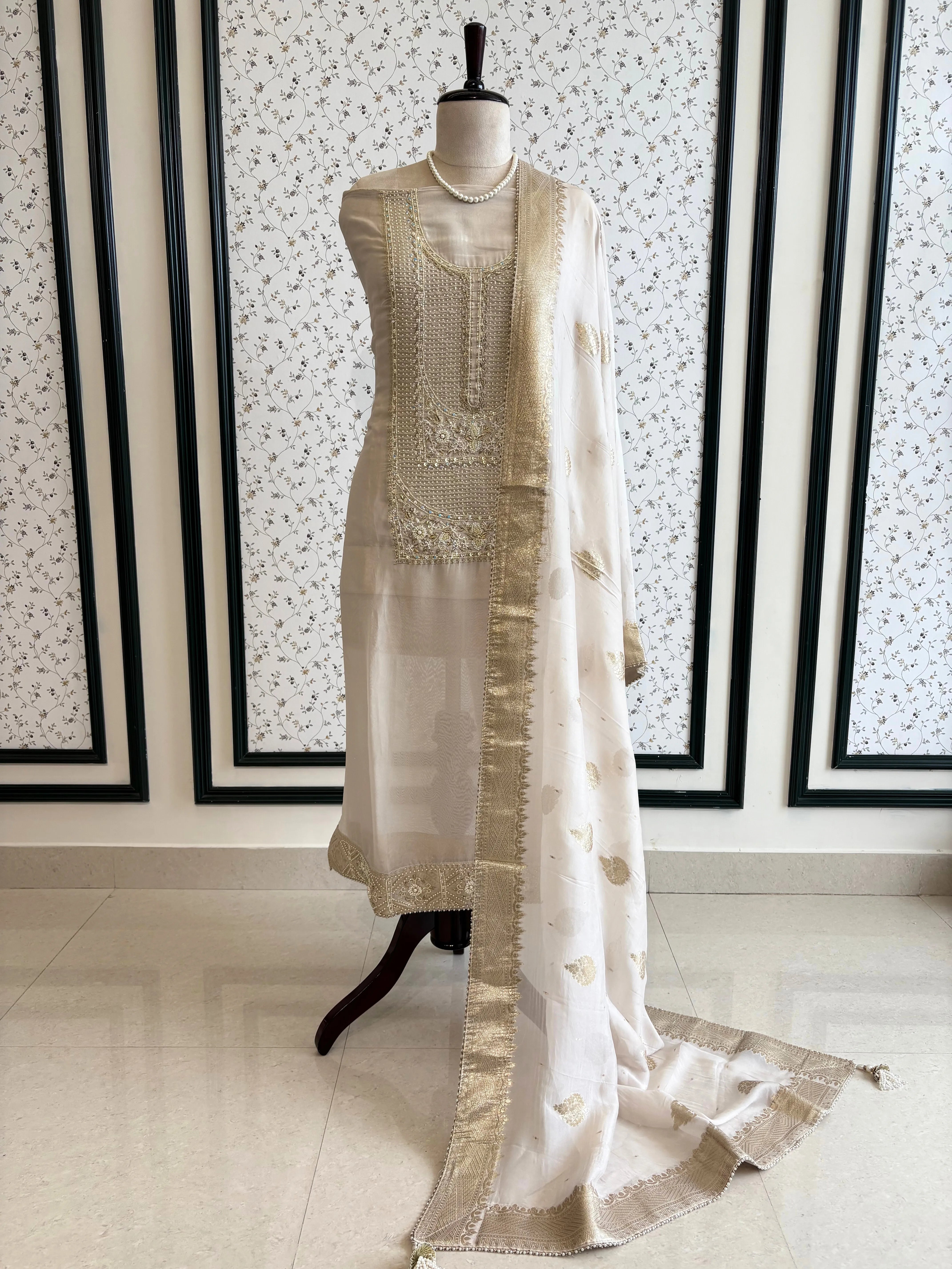 Pure Organza unstitched suit with heavy neck embellishements - The Zareesh