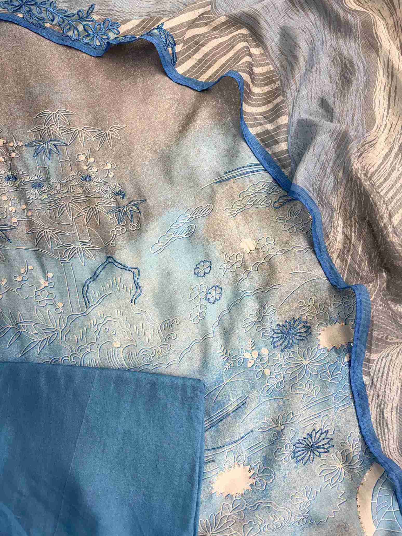 Grey Blue Pure Muslin Digital Print Handwork Unstitched Suit Set
