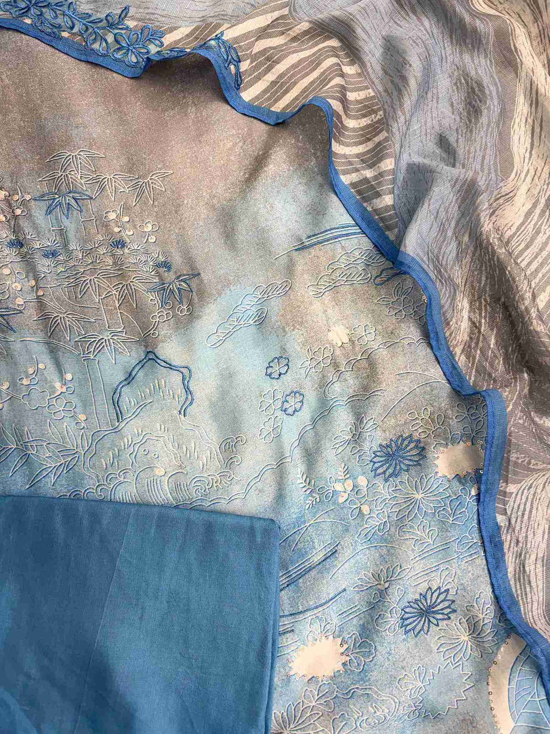Grey Blue Pure Muslin Digital Print Handwork Unstitched Suit Set