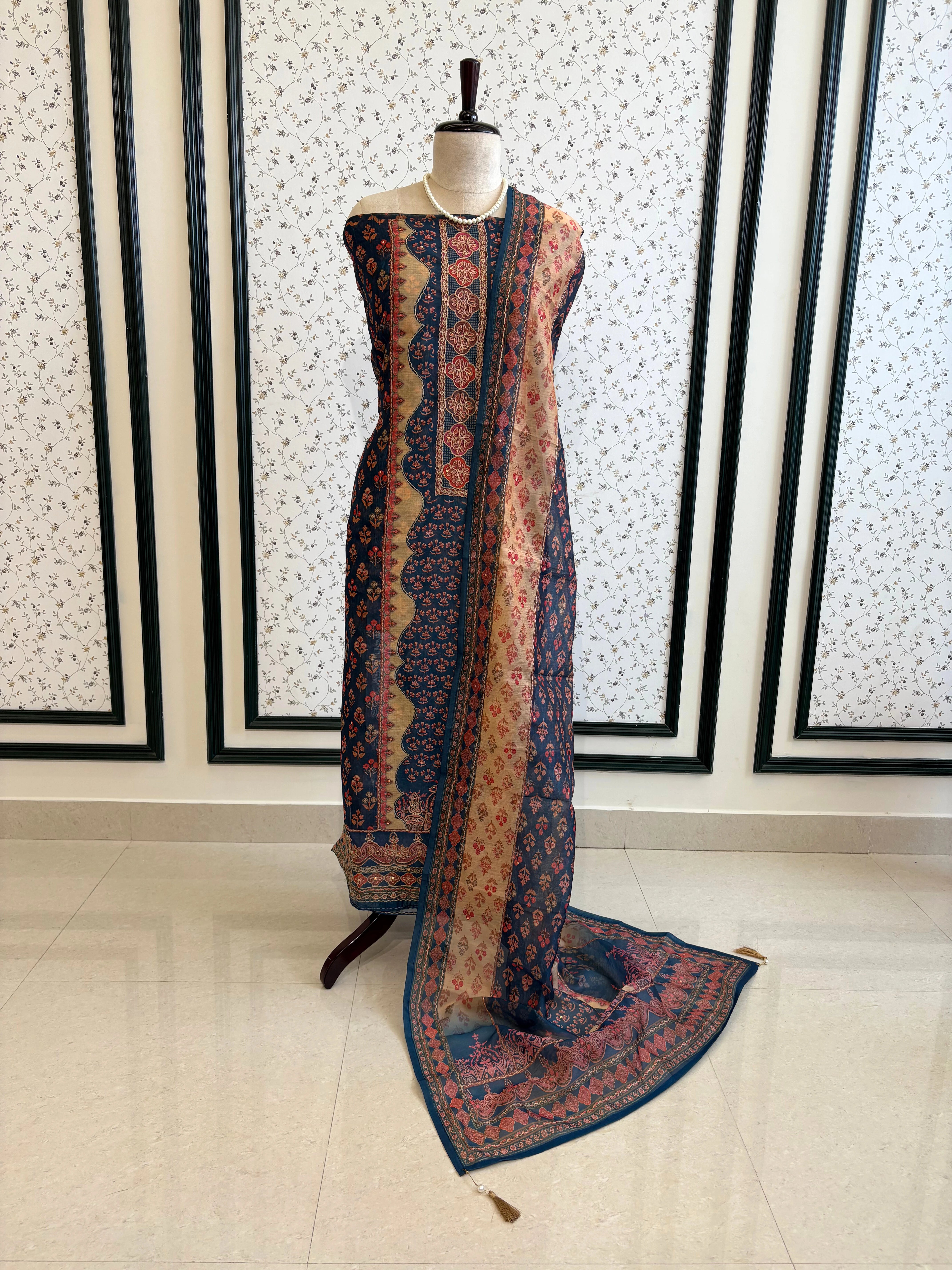 Shop Blue chanderi suit with golden weave and printed chanderi dupatta featuring tassel edging.