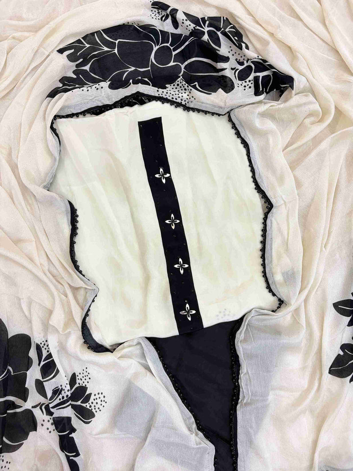 black and white crepe unstitched suit for women in black and white color