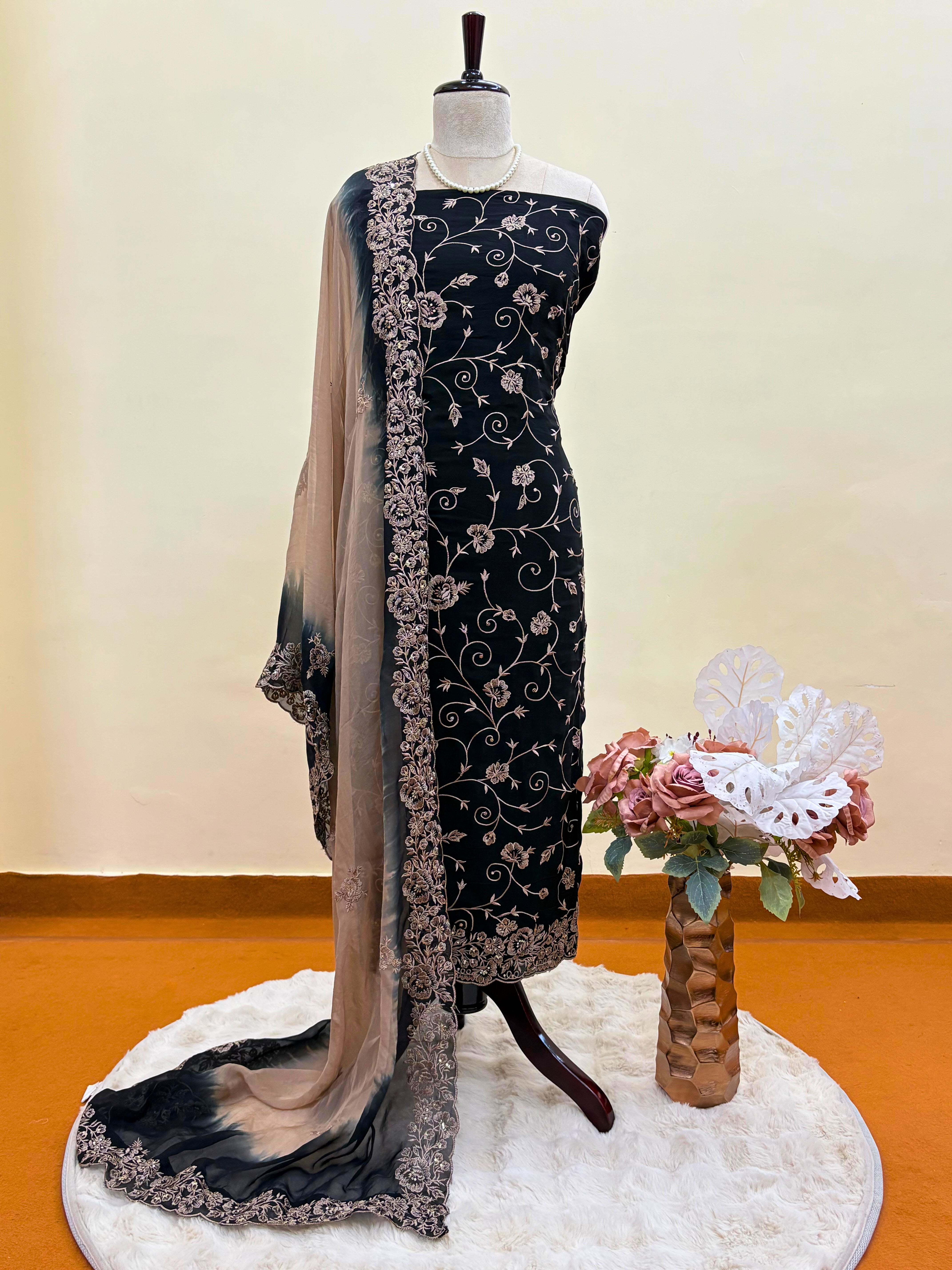 Zewar-e-Noir: Midnight Black Suit with Ivory Thread Embroidery & Ombre Dupatta