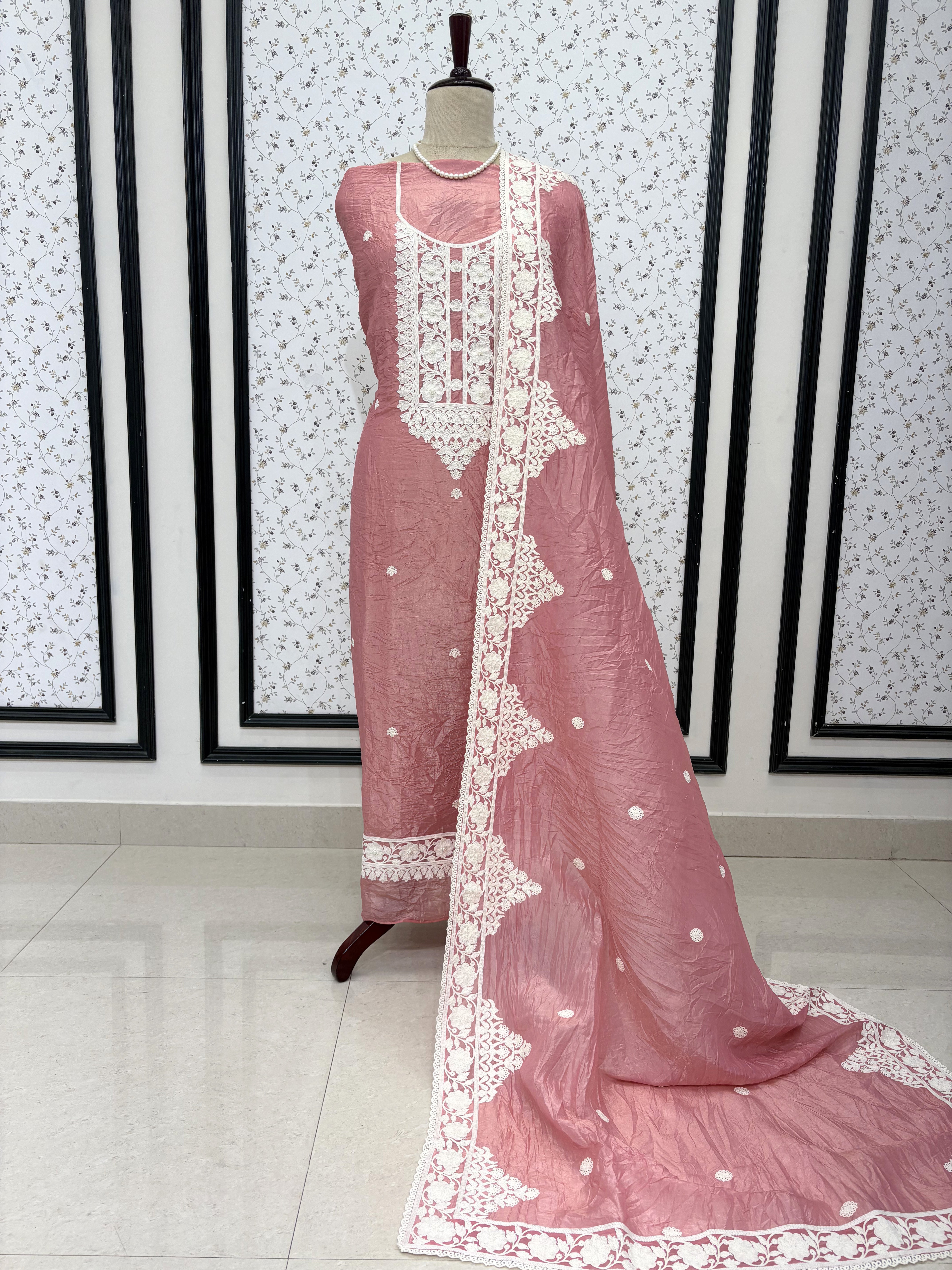 Soft Tissue Unstitched Suit with Thread work on Neck