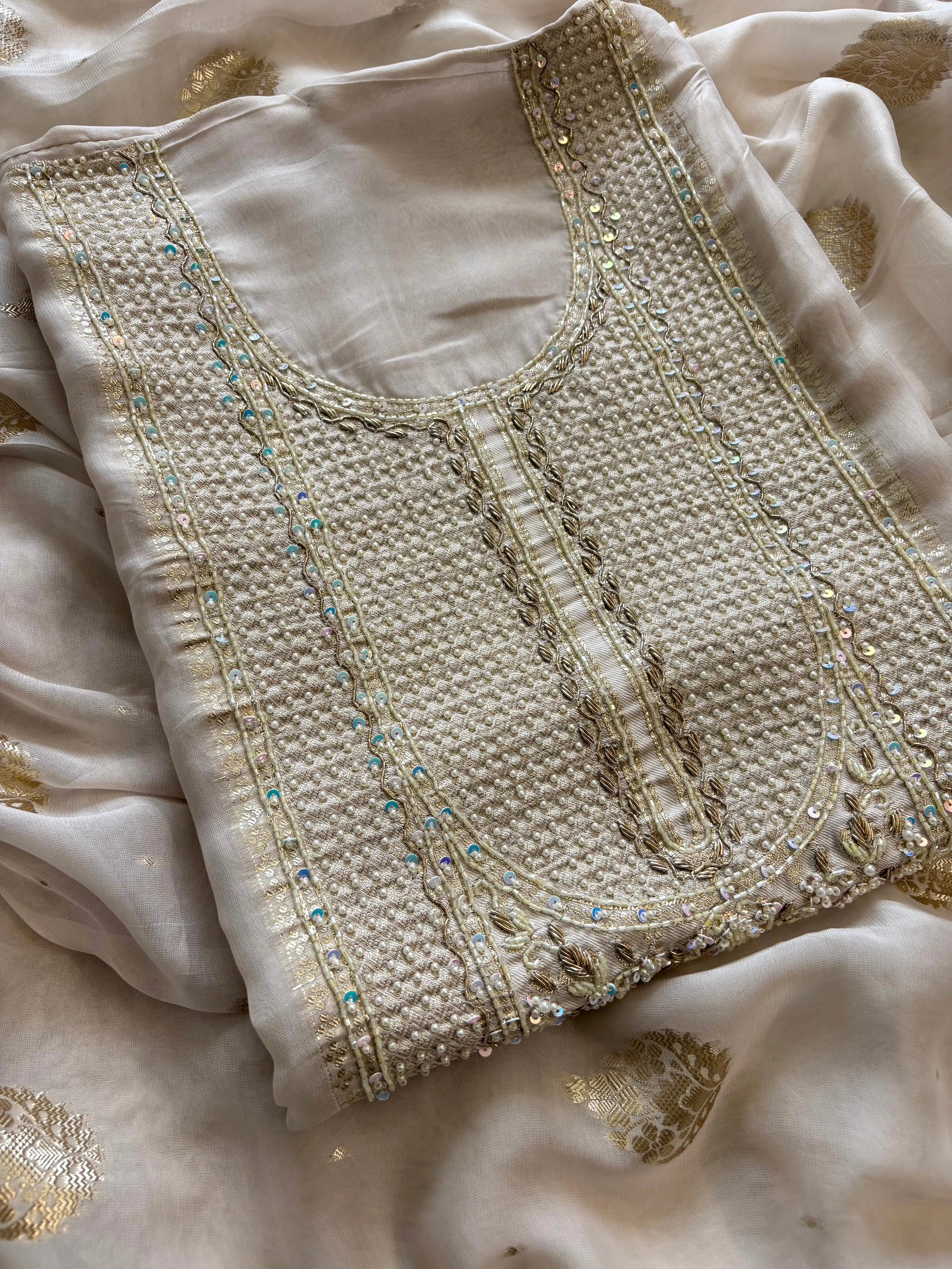 Pure Organza unstitched suit with heavy neck embellishements - The Zareesh