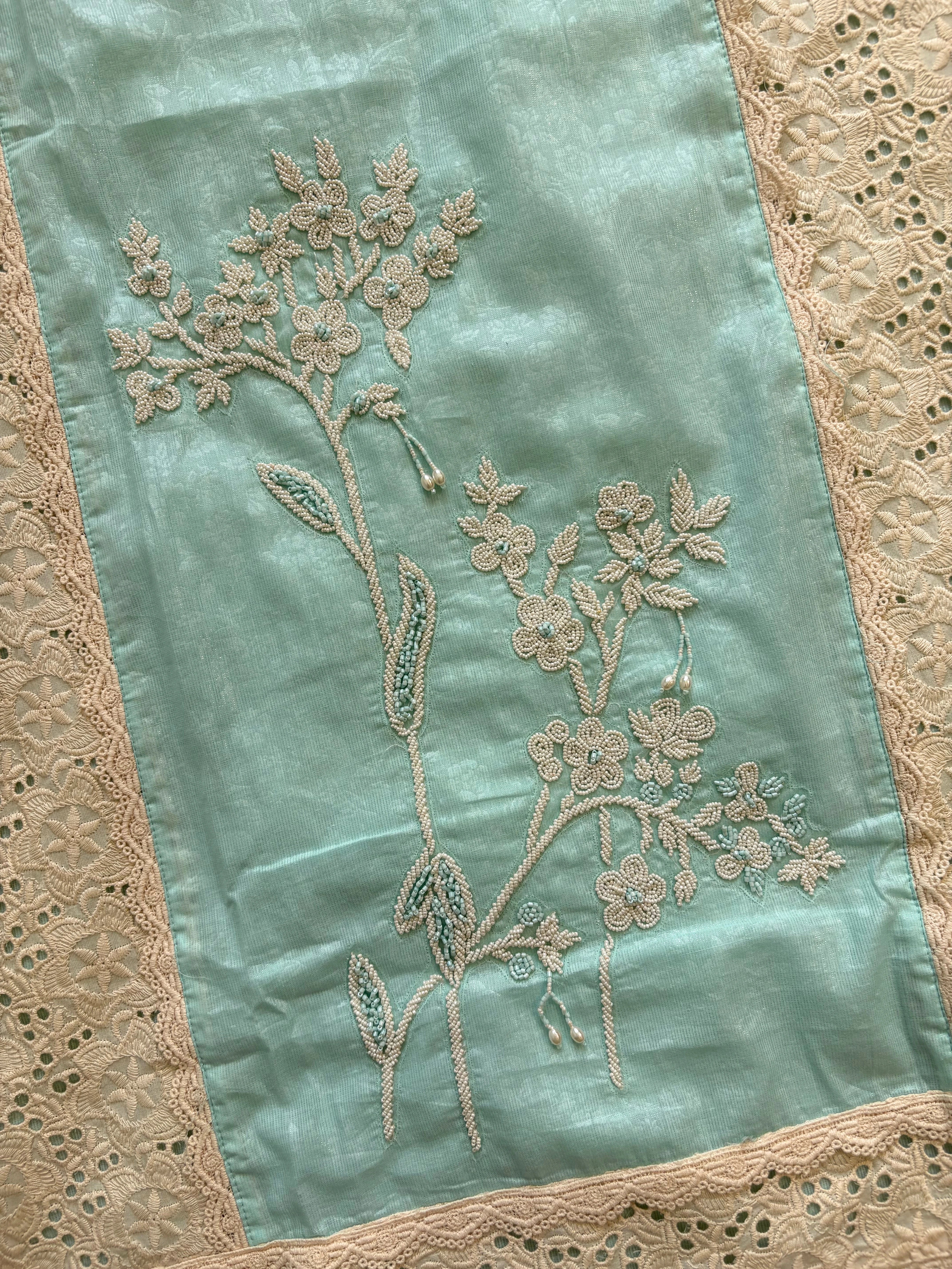 Pastel Aqua Schiffli Cotton Suit with Lace Accents & Pearl Embroidery | Summer Festive Lawn Collection