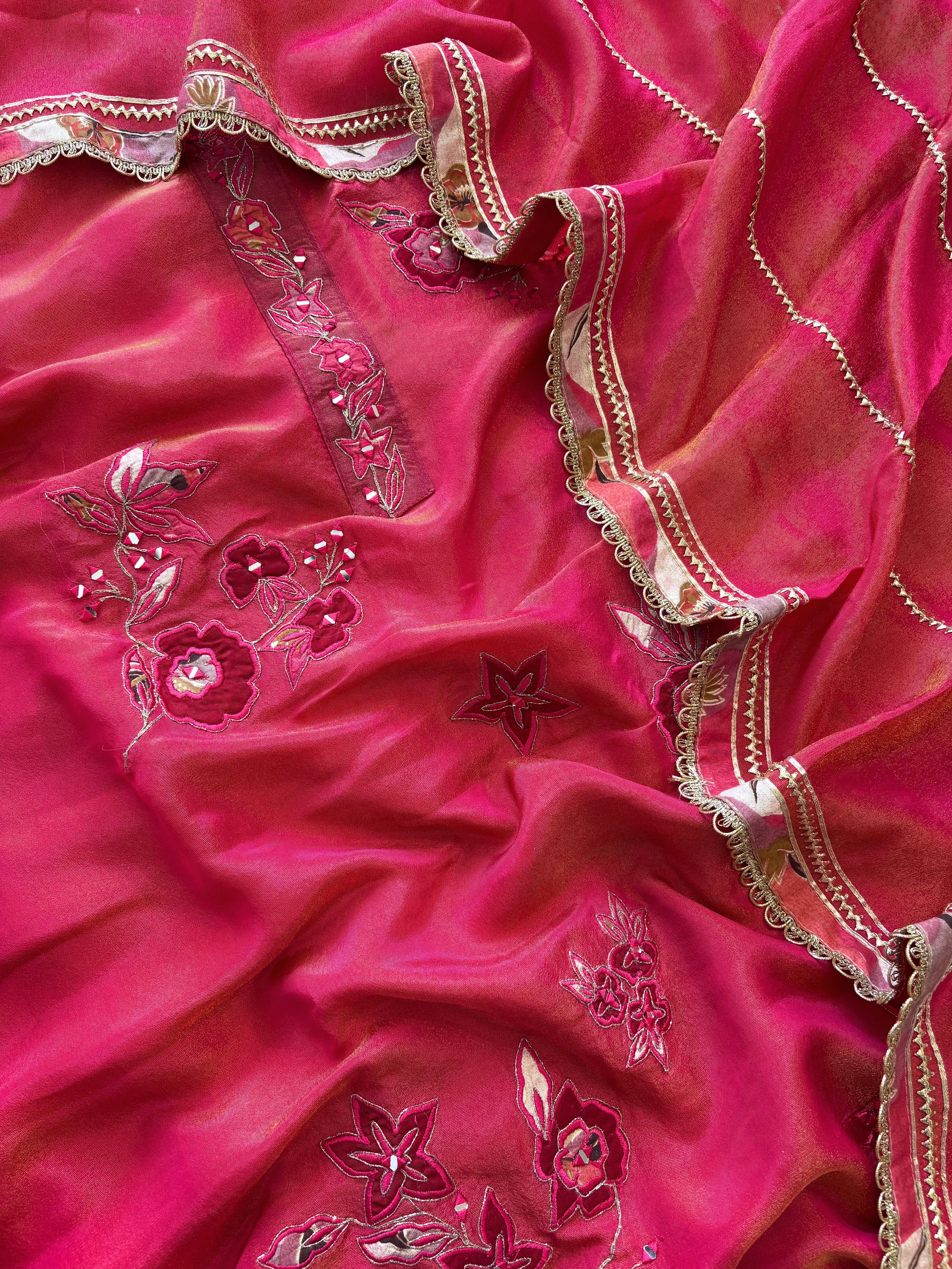 Magenta pure organza with applique highlighting for weddings