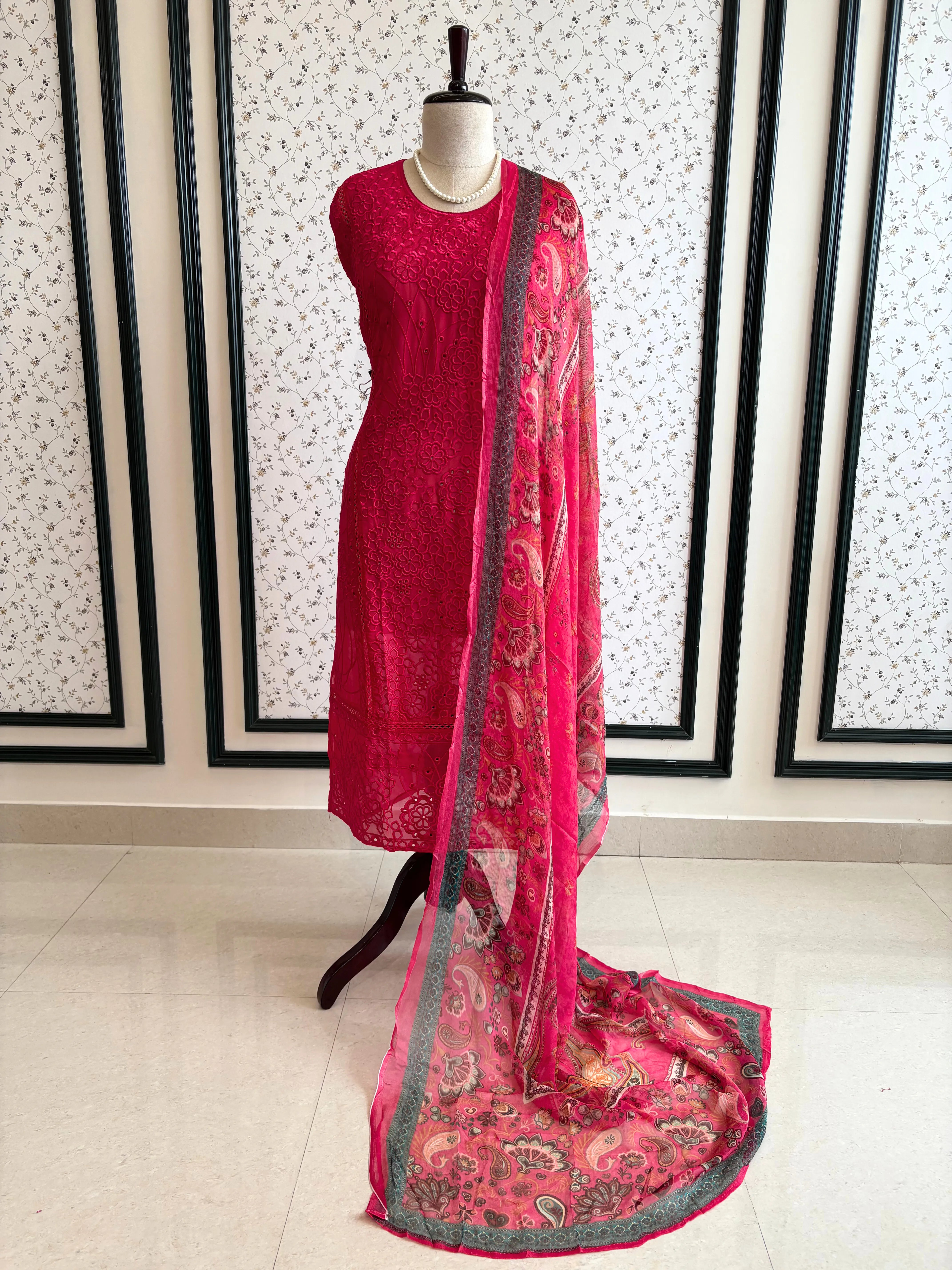 Pink Organza unstitched suit with kashida work - The Zareesh