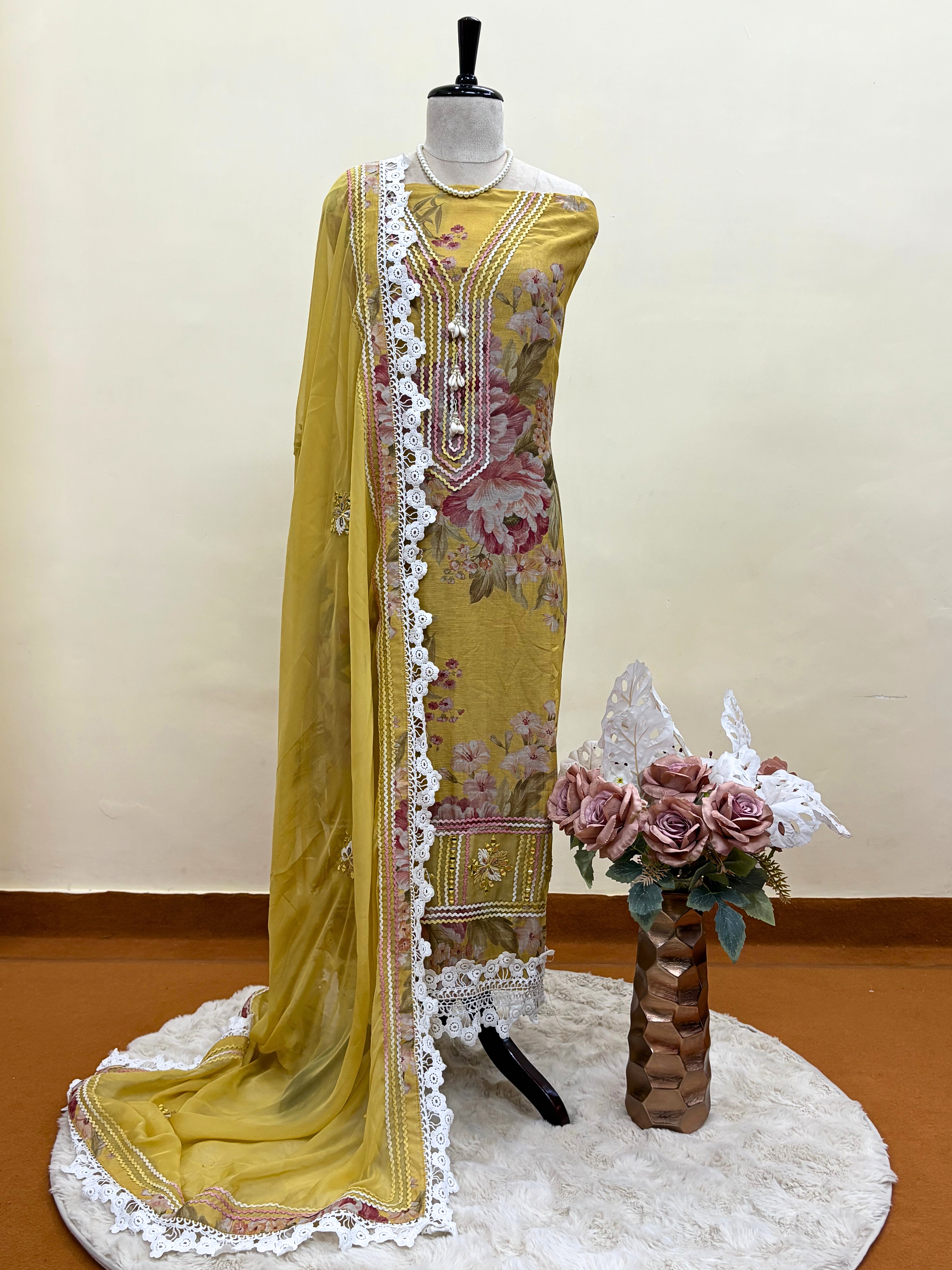 Haya-e-Bahar: Pastel Yellow Floral Linen Suit with Lace Detailing Organza Dupatta
