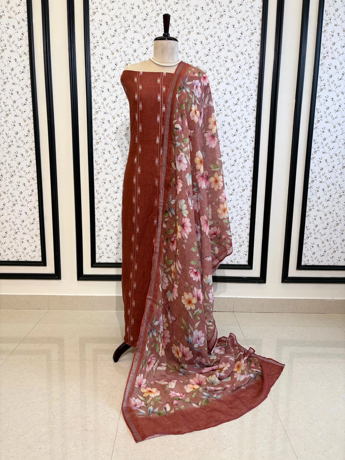Rosewood linen suit with minimal white thread embroidery on kurta and floral digital printed dupatta, perfect for summer events and festive daywear.
