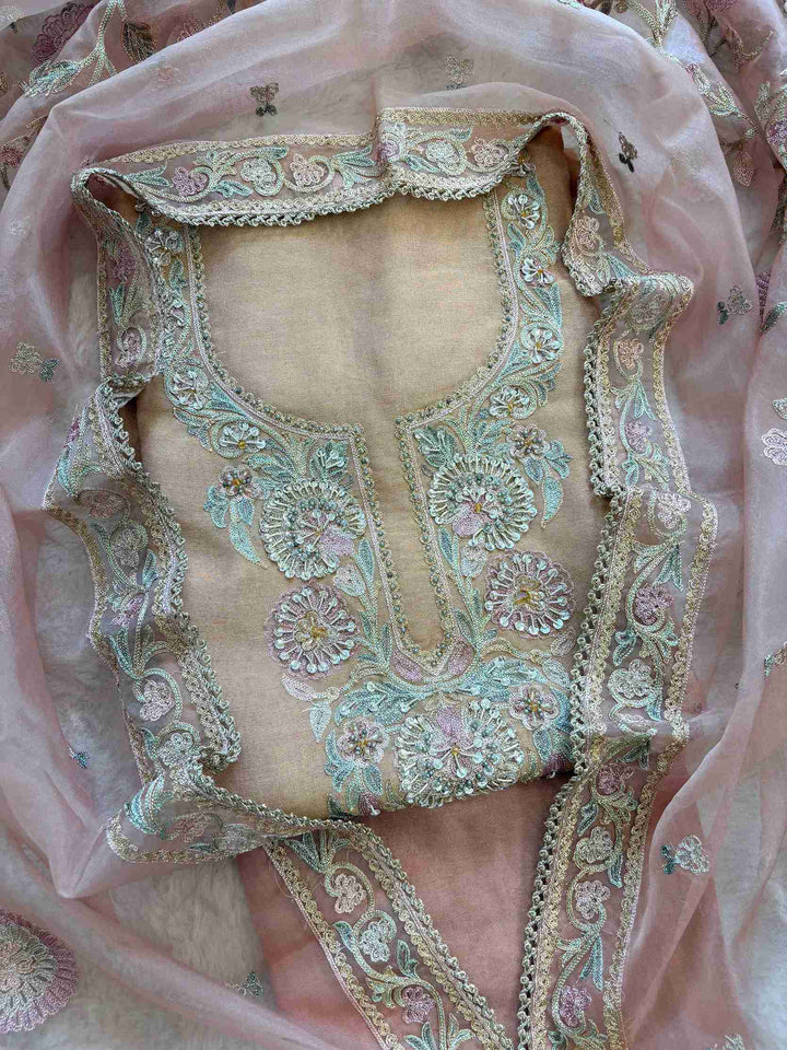 Peach Shimmer Tissue Embroidered Unstitched Suit Set with Organza Dupatta