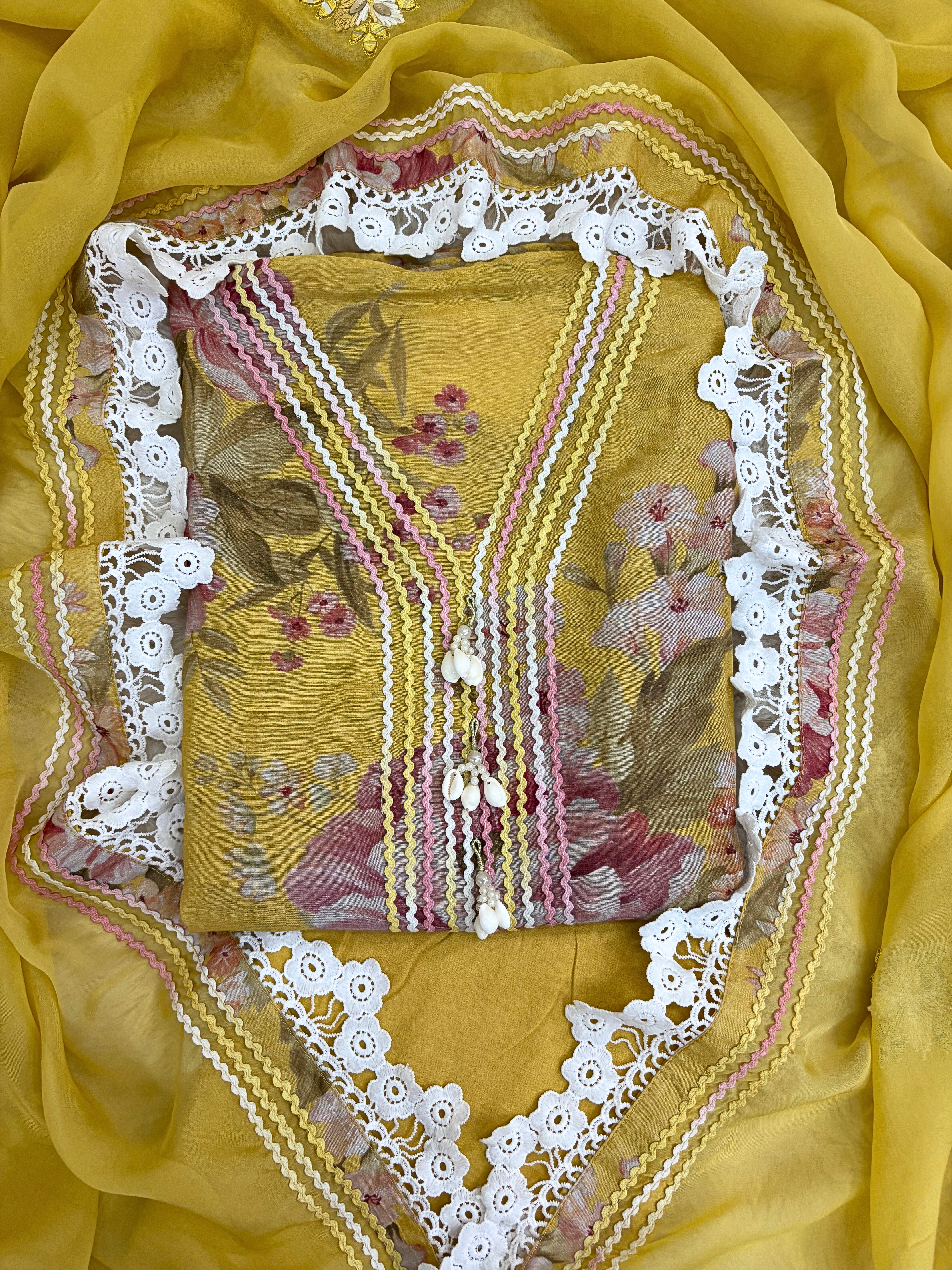 Haya-e-Bahar: Pastel Yellow Floral Linen Suit with Lace Detailing Organza Dupatta