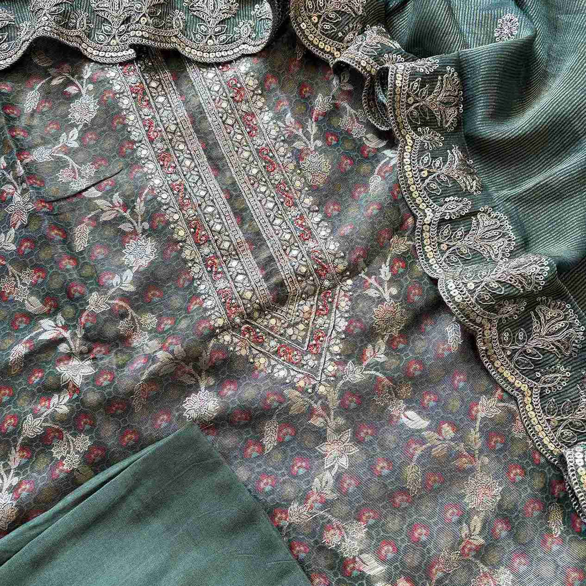 Tissue unstitched suit in Olive Green color- The Zareesh – thezareesh