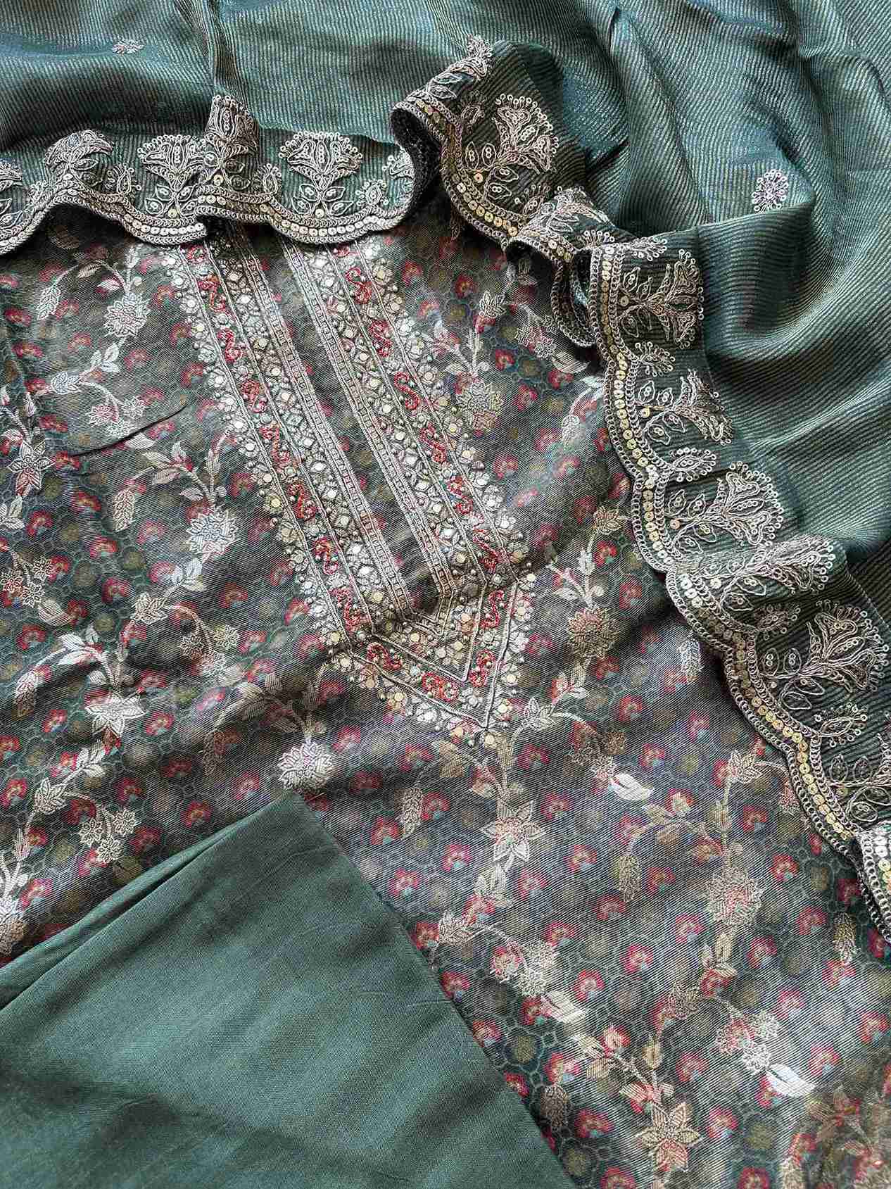 Tissue unstitched suit in Olive Green color- The Zareesh