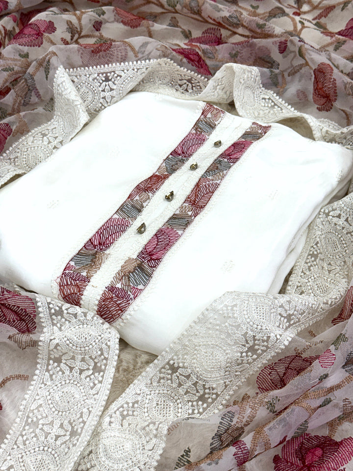 Gul-e-Ishq: Ivory Suit with Rose Threadwork & Sheer Floral Dupatta