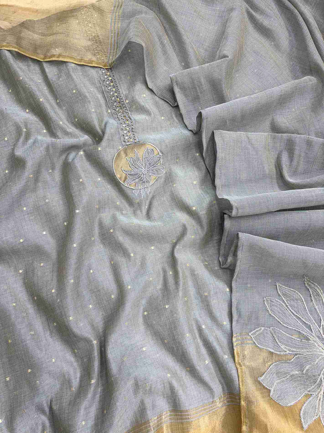 Grey Jamdani Cotton Unstitched Suit | Minimalist Applique Floral Neckline | Broad Gold Zari Patta Hemline & Applique Corner Dupatta Women's Suit