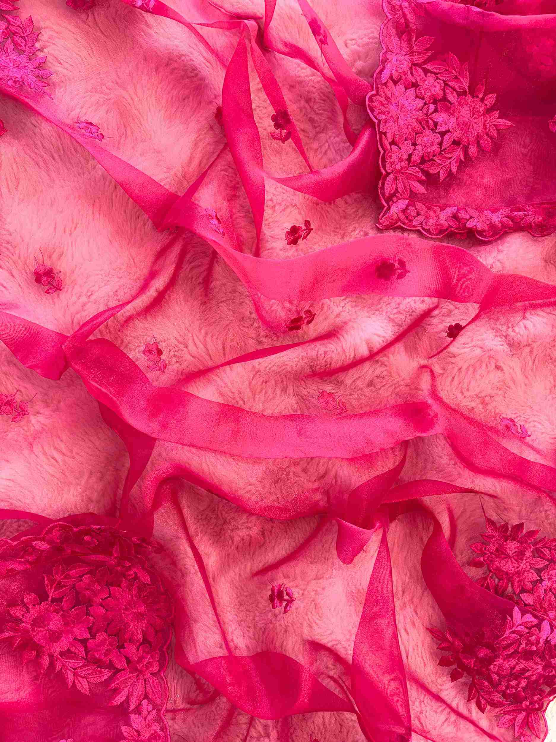 Hot Pink Glass Organza Unstitched Suit with Monotone Thread Embroidery