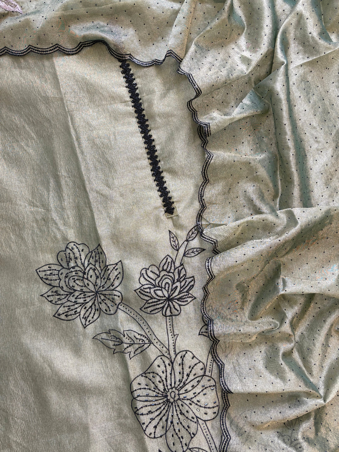 Olive Green Tissue Suit with Intricate Embroidery & Organza Dupatta