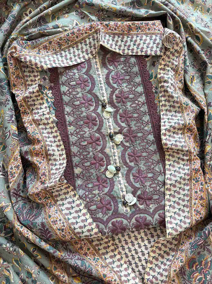 Cotton with lace work unstitched suit- The Zareesh