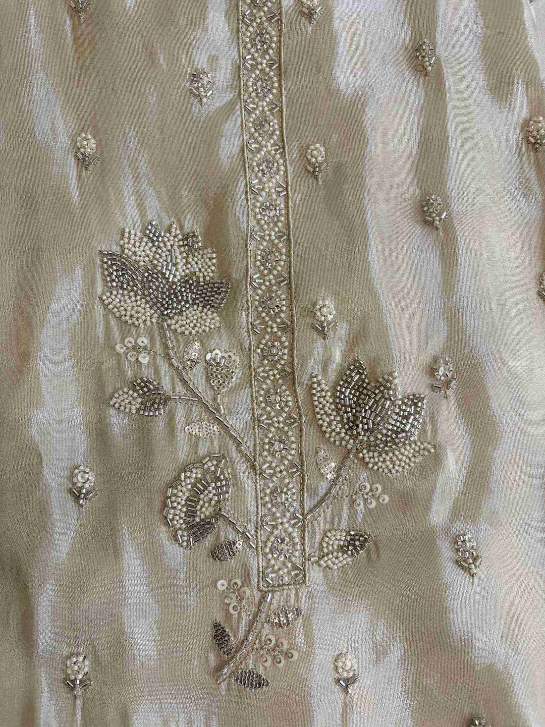 Gulnaar Glow: Blush Pure Soft Tissue Unstitched Suit with Glitter Neck & Hand Embroidered Dupatta