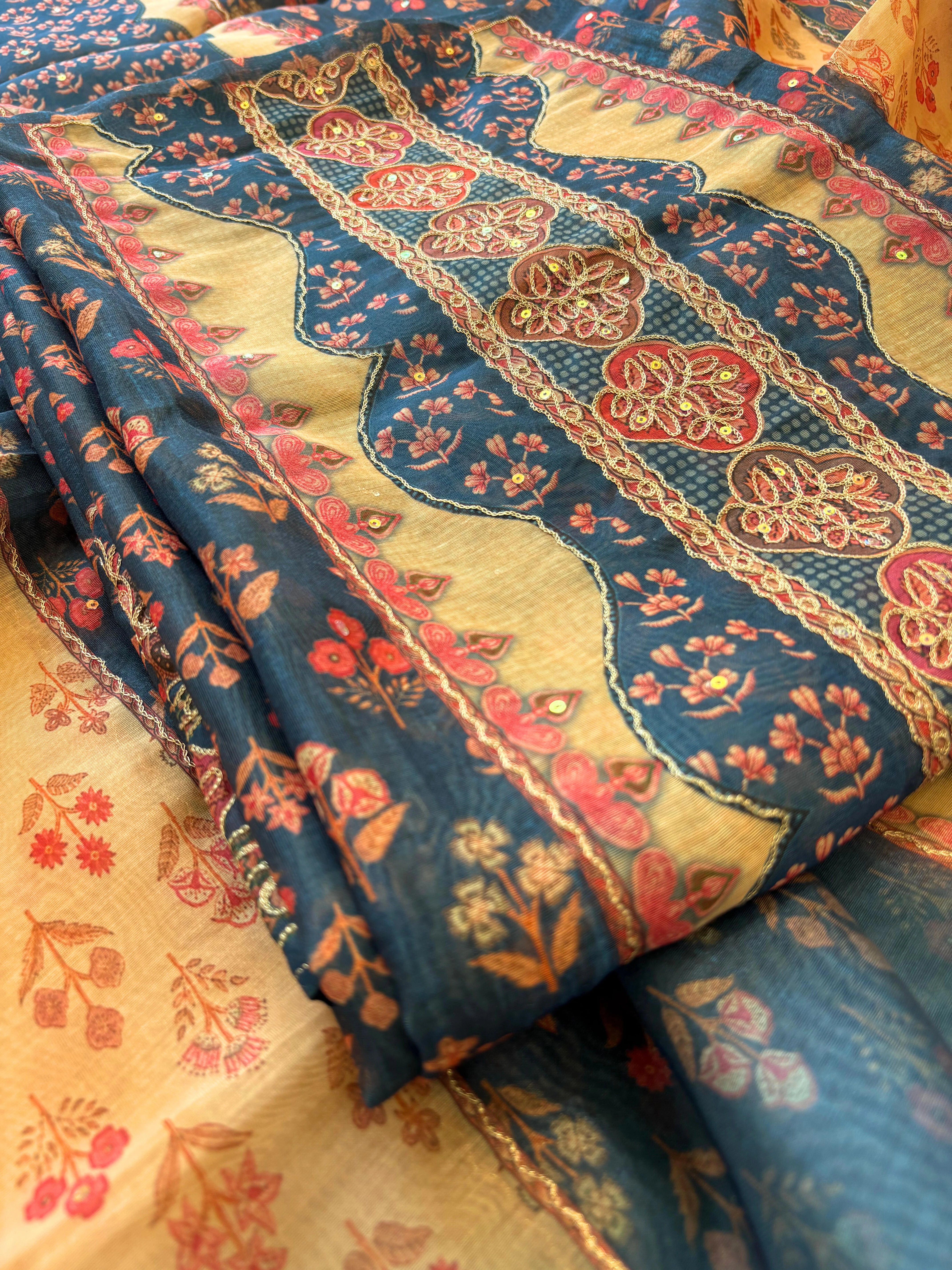 Shop Blue chanderi suit with golden weave and printed chanderi dupatta featuring tassel edging.