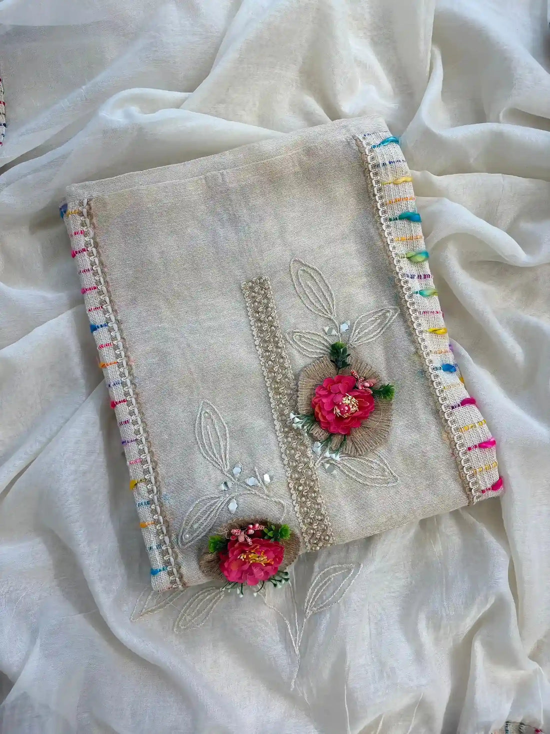 cottton unstitched suits with 3d flowers 