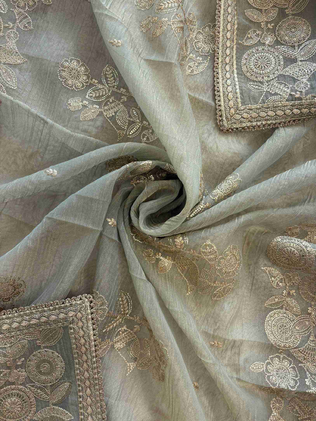 Pastel Green Crush Tissue Unstitched Suit with Pitta Work Neckline