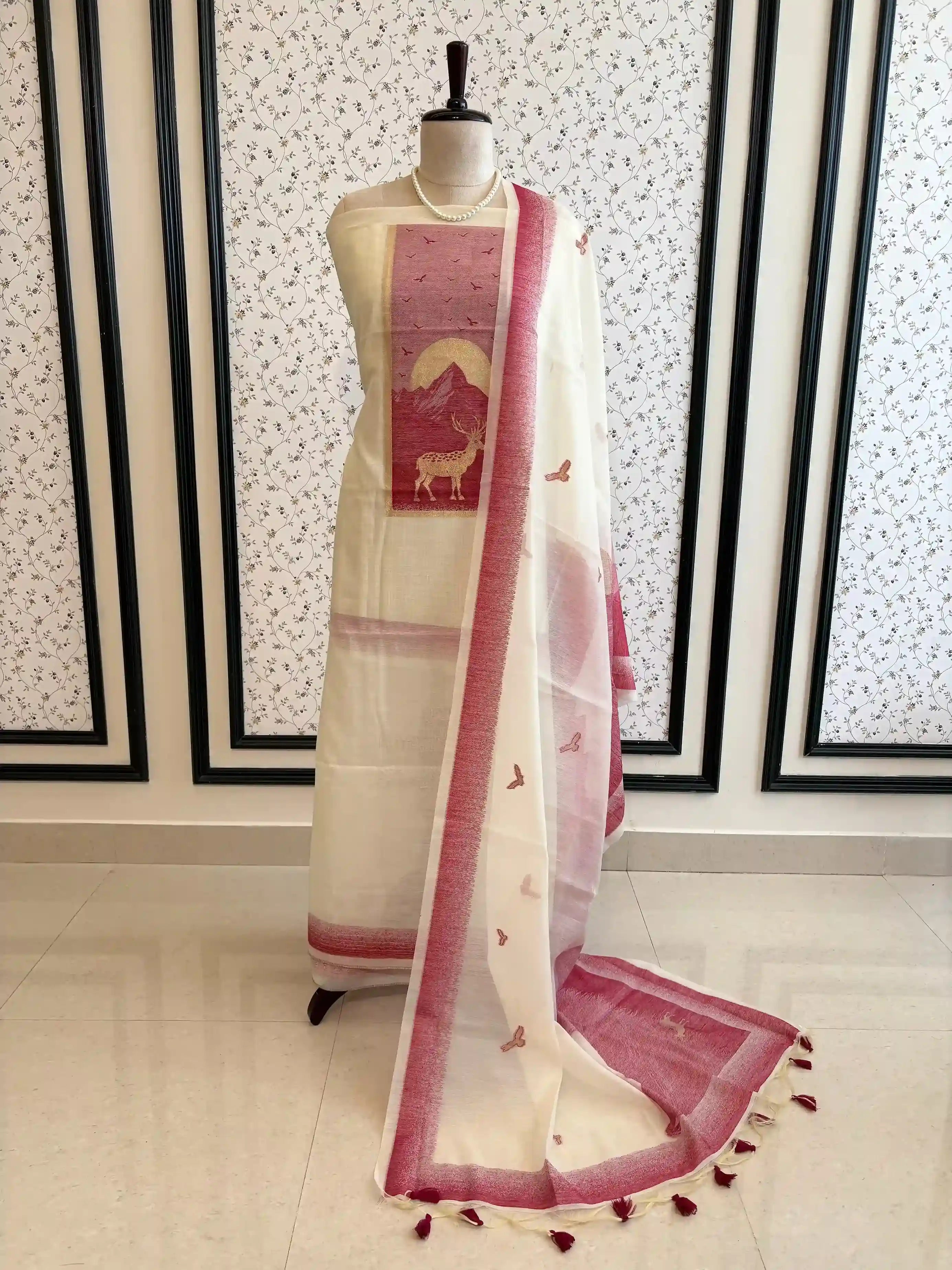 Pure linen unstitched suit with jaamdani weaving