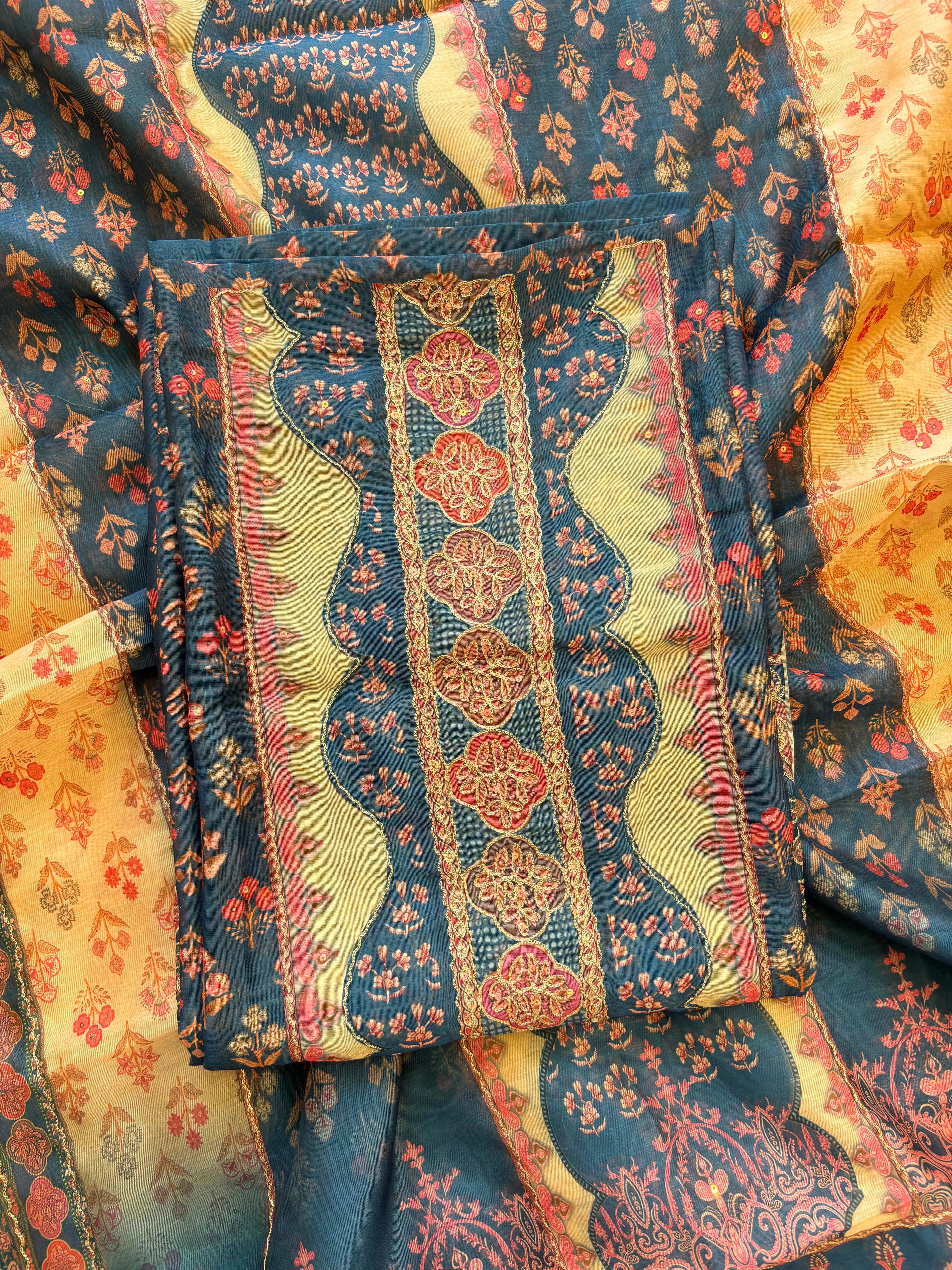 Shop Blue chanderi suit with golden weave and printed chanderi dupatta featuring tassel edging.