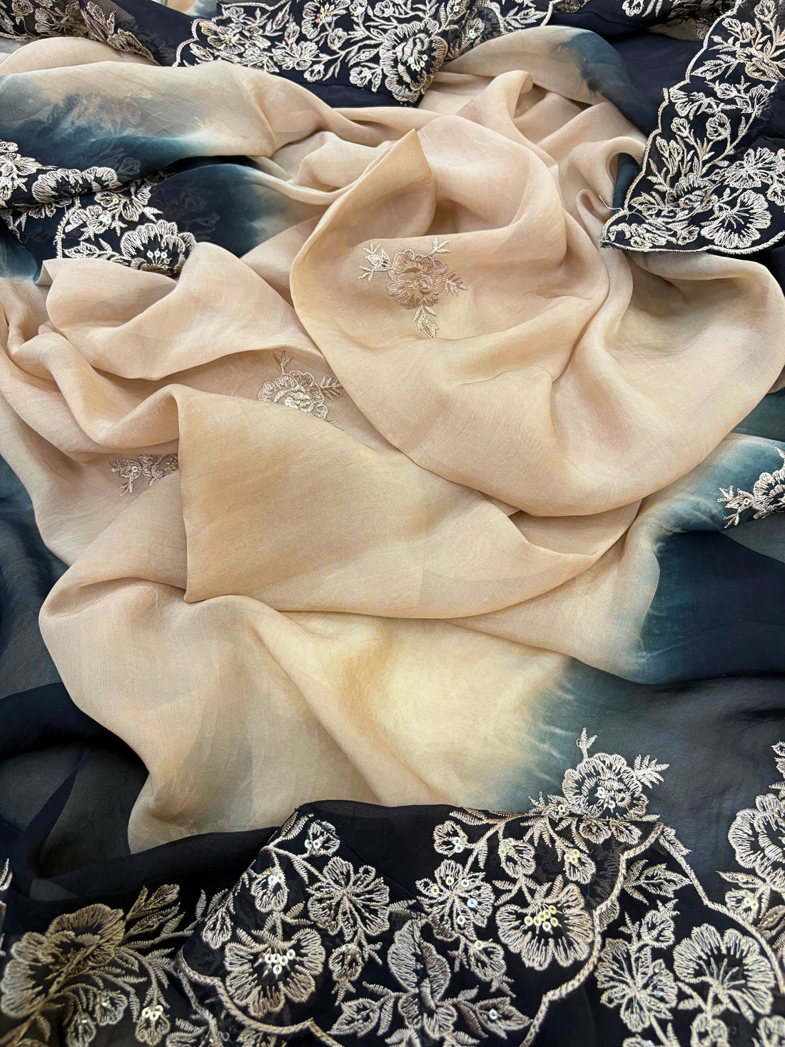 Zewar-e-Noir: Midnight Black Suit with Ivory Thread Embroidery & Ombre Dupatta