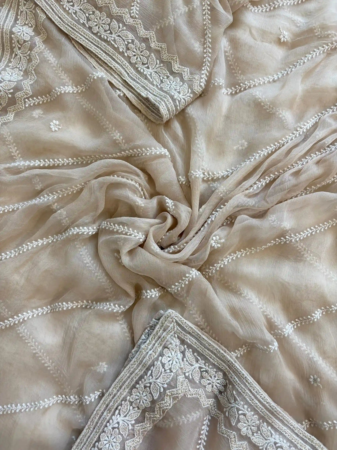 beige color georgette chikankari party wear unstitched suit for women