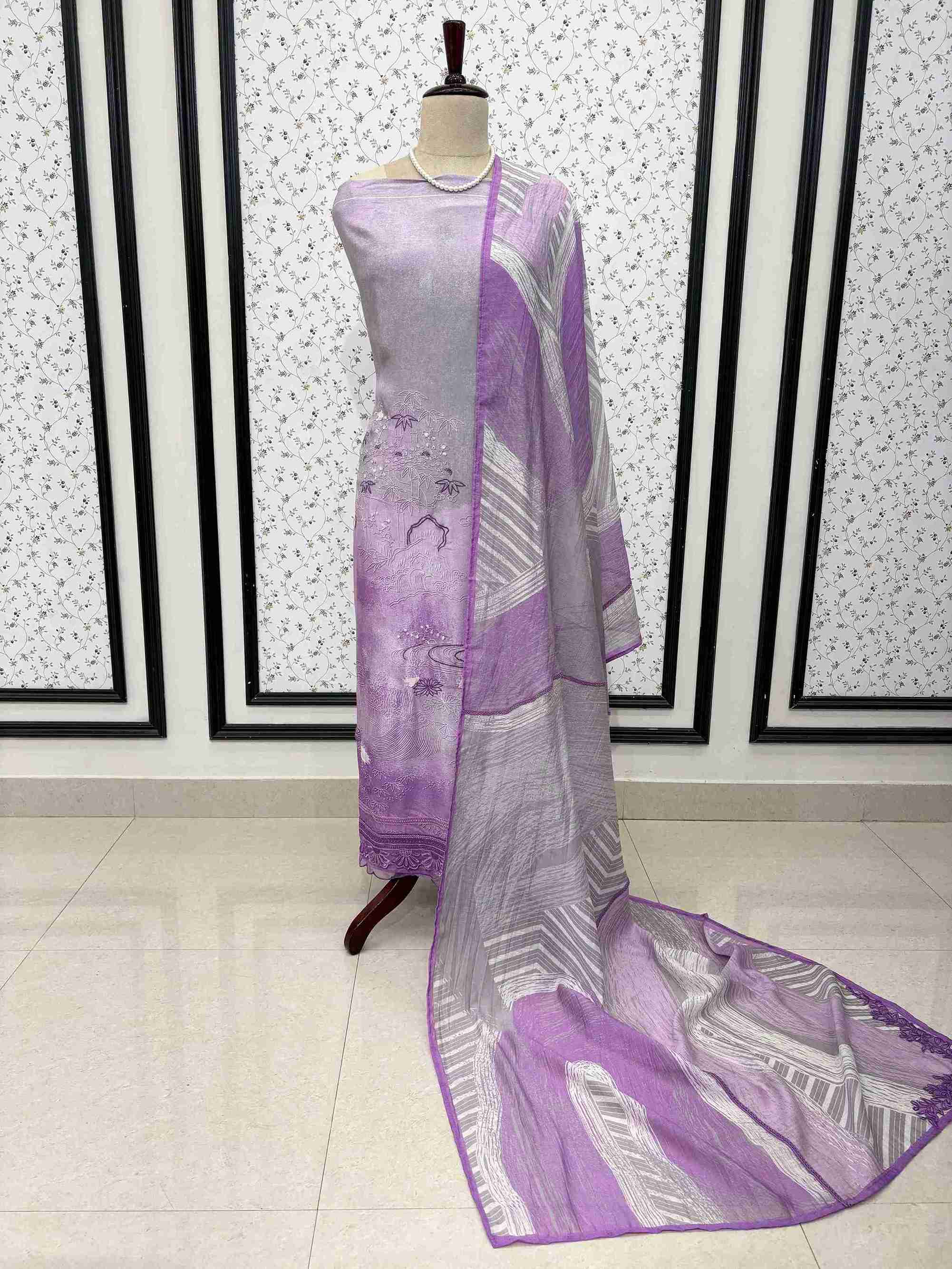 Grey Lavendar Pure Muslin Digital Print Handwork Unstitched Suit Set