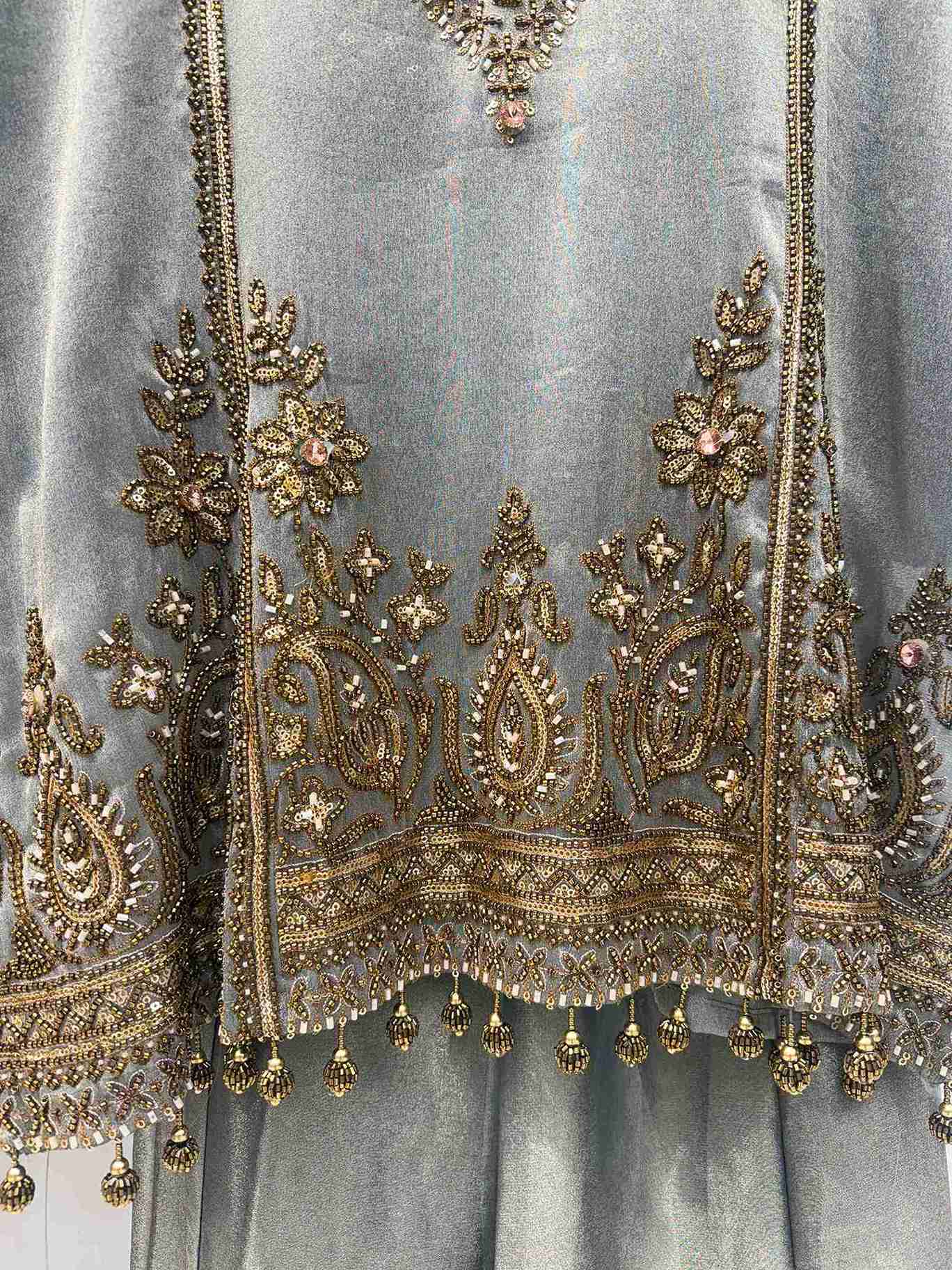 Grey Tissue Embroidered Kurta Sharara Set with Gold Zari, Sequin and Beadwork | Designer Party Wear