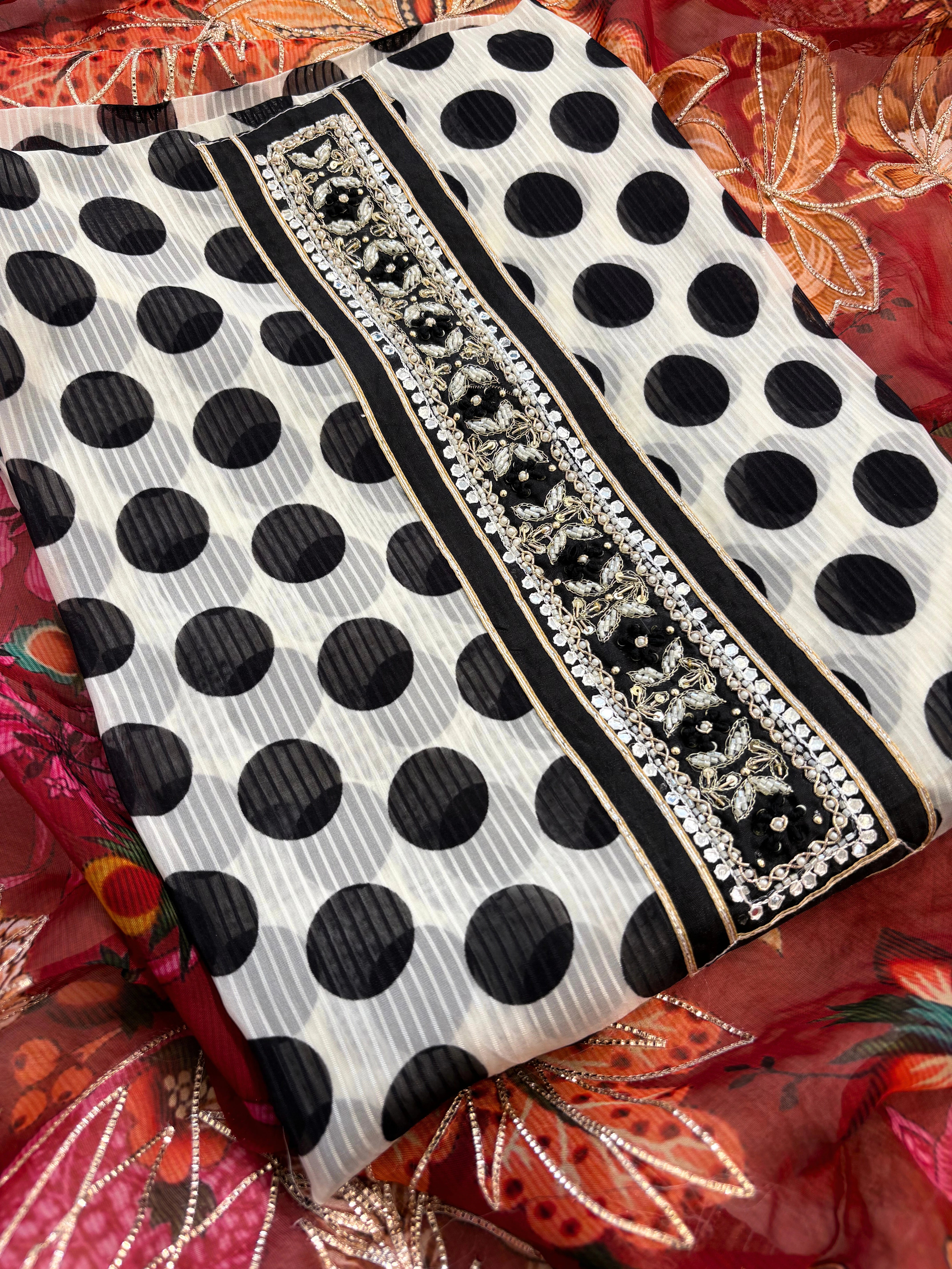 organza unstitched suit with polka dots print and multicolor dupatta
