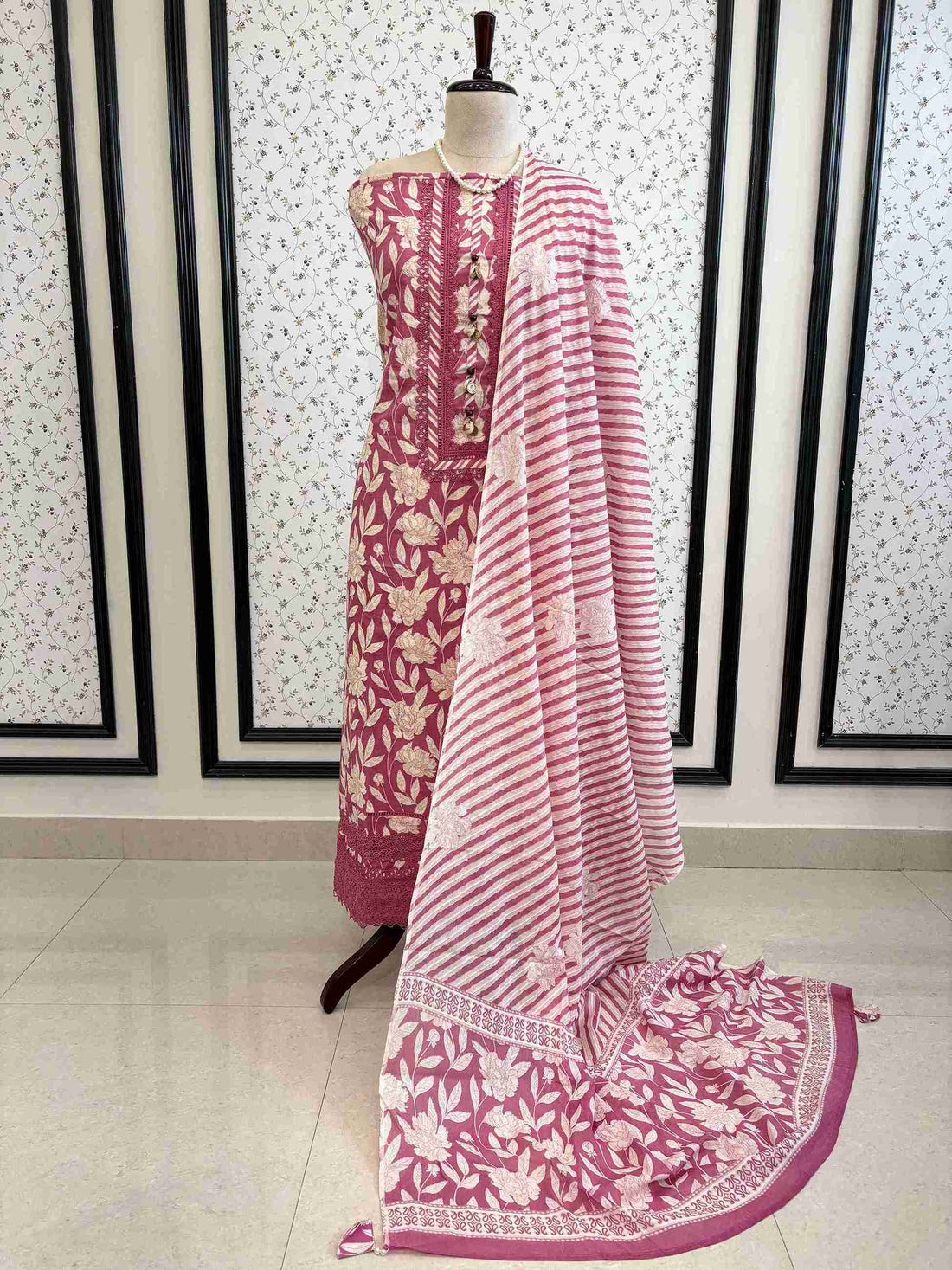 Cotton with lace work unstitched suit- The Zareesh