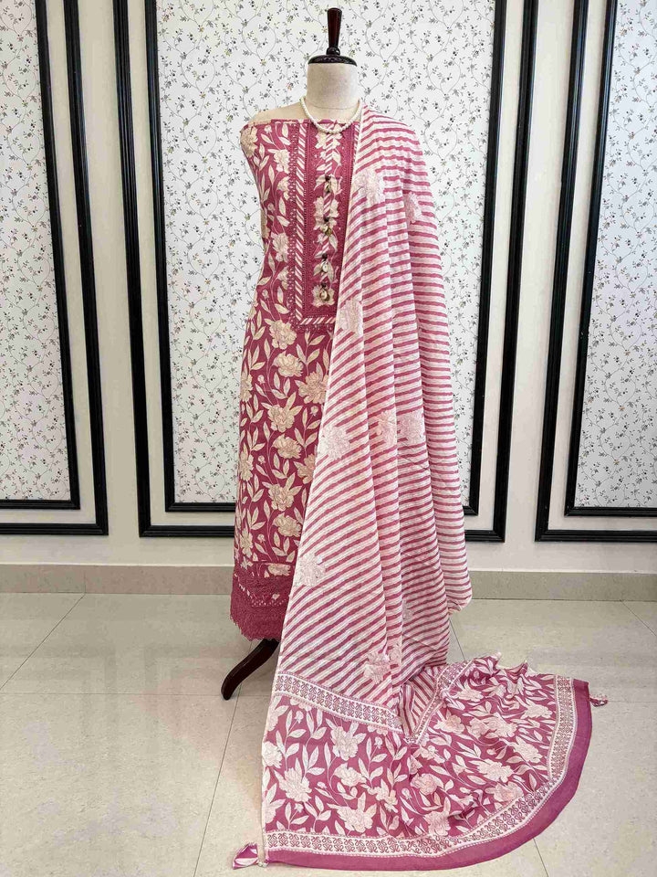 Cotton with lace work unstitched suit- The Zareesh